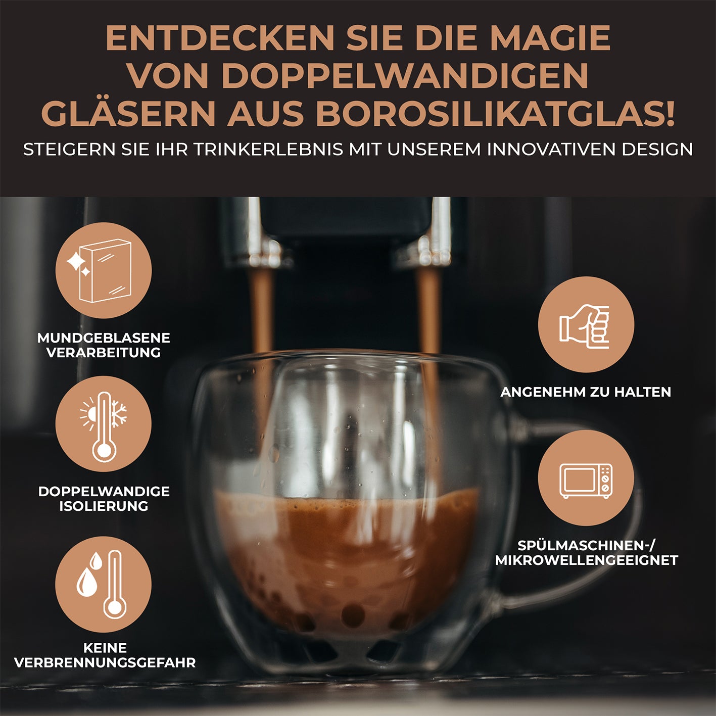 Latte Macchiato Gläser - 6er-Set - 330 ml, doppelwandige Borosilikatgläser, isolierend, spülmaschinen- und mikrowellengeeignet.