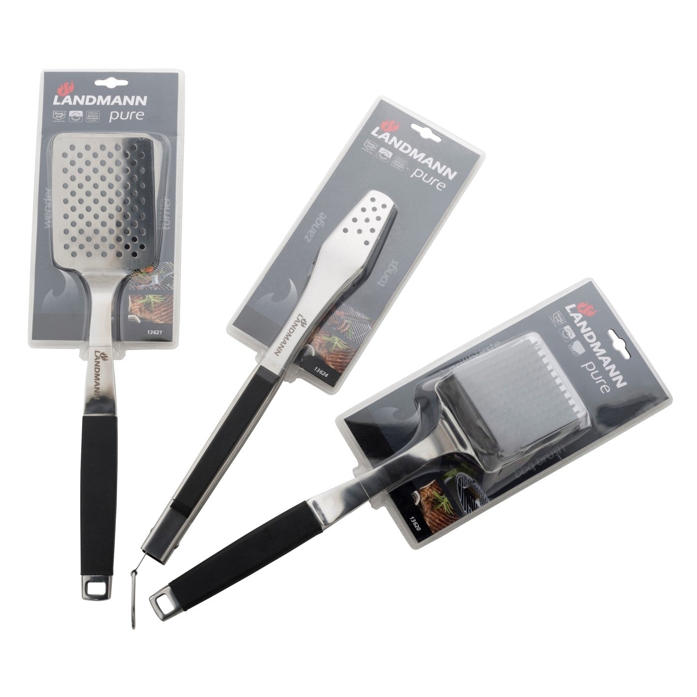 Pure Grillwender aus Edelstahl mit gummiertem Griff, ergonomisch, ideal für großflächiges Grillgut von Landmann pure.