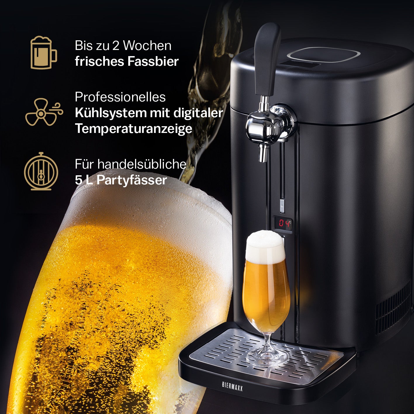Bierzapfanlage - Zapfen wie die Profis mit bis zu 2 Wochen frischem Fassbier und digitaler Temperaturanzeige für 5-L-Partyfässer.