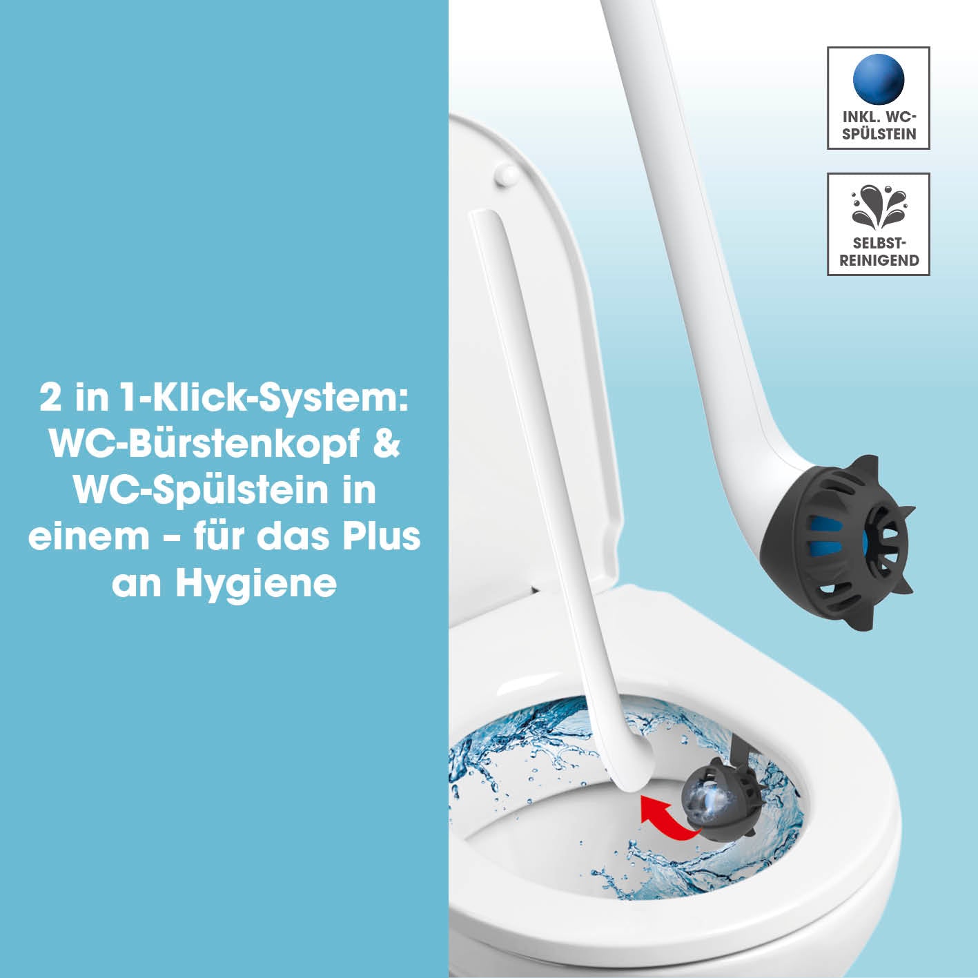 WC-Bürste - 2 in 1-Klick-System - weiß/schwarz mit WC-Spülstein und selbstreinigendem Silikonkopf für mehr Hygiene im WC.