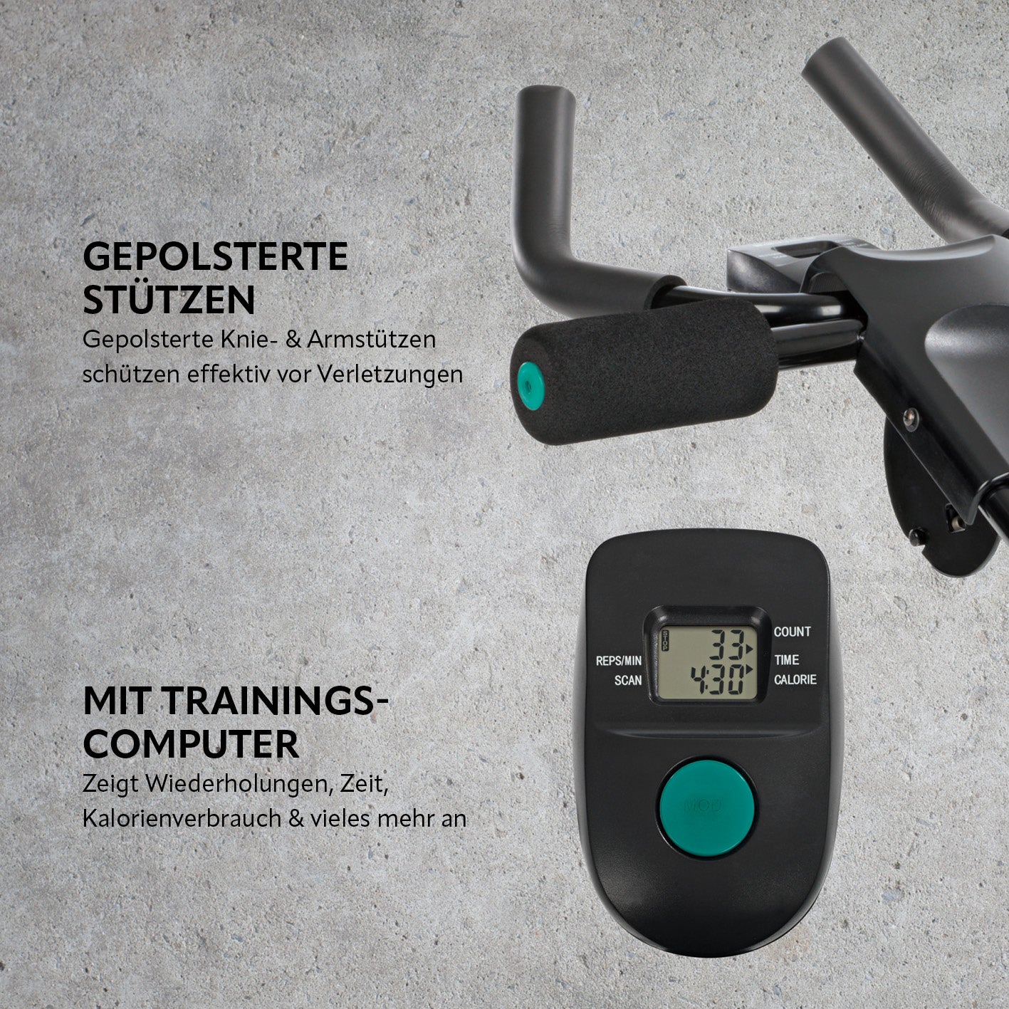 Trainingsgerät fitmaxx 5 mit gepolsterten Stützen und Trainingscomputer zur Anzeige von Wiederholungen, Zeit und Kalorienverbrauch.