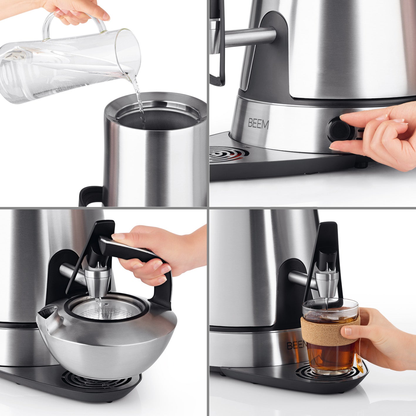 Samowar Amira mit Dispenser 10 l - Edelstahl zeigt Bedienung mit Wasser nachfüllen, Tassenhaltefunktion und Teekannenentnahme.