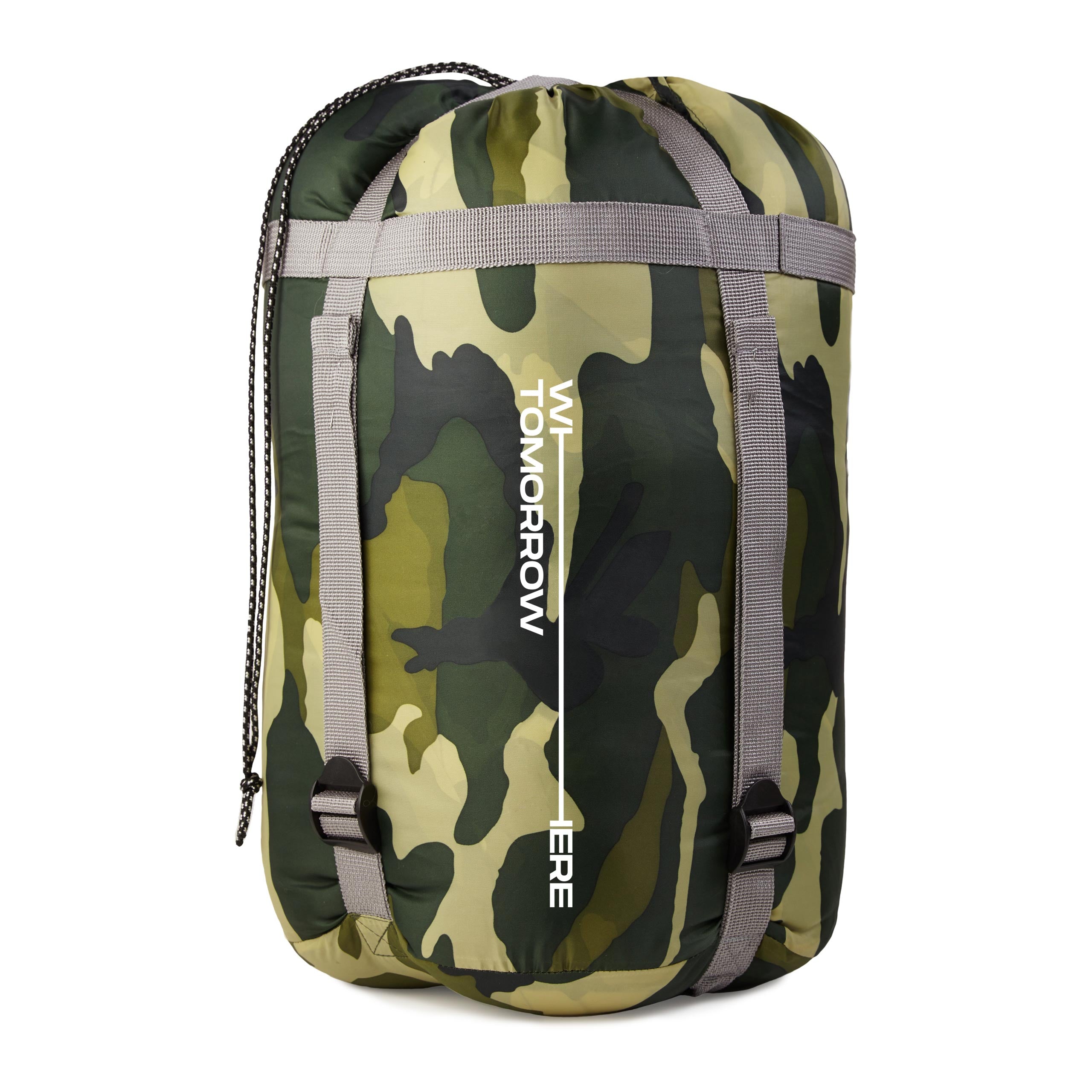 Camping Schlafsack Classic Mumienschlafsack mit Tasche Camouflage Grün kompakt und wasserabweisend für Outdoor Aktivitäten.