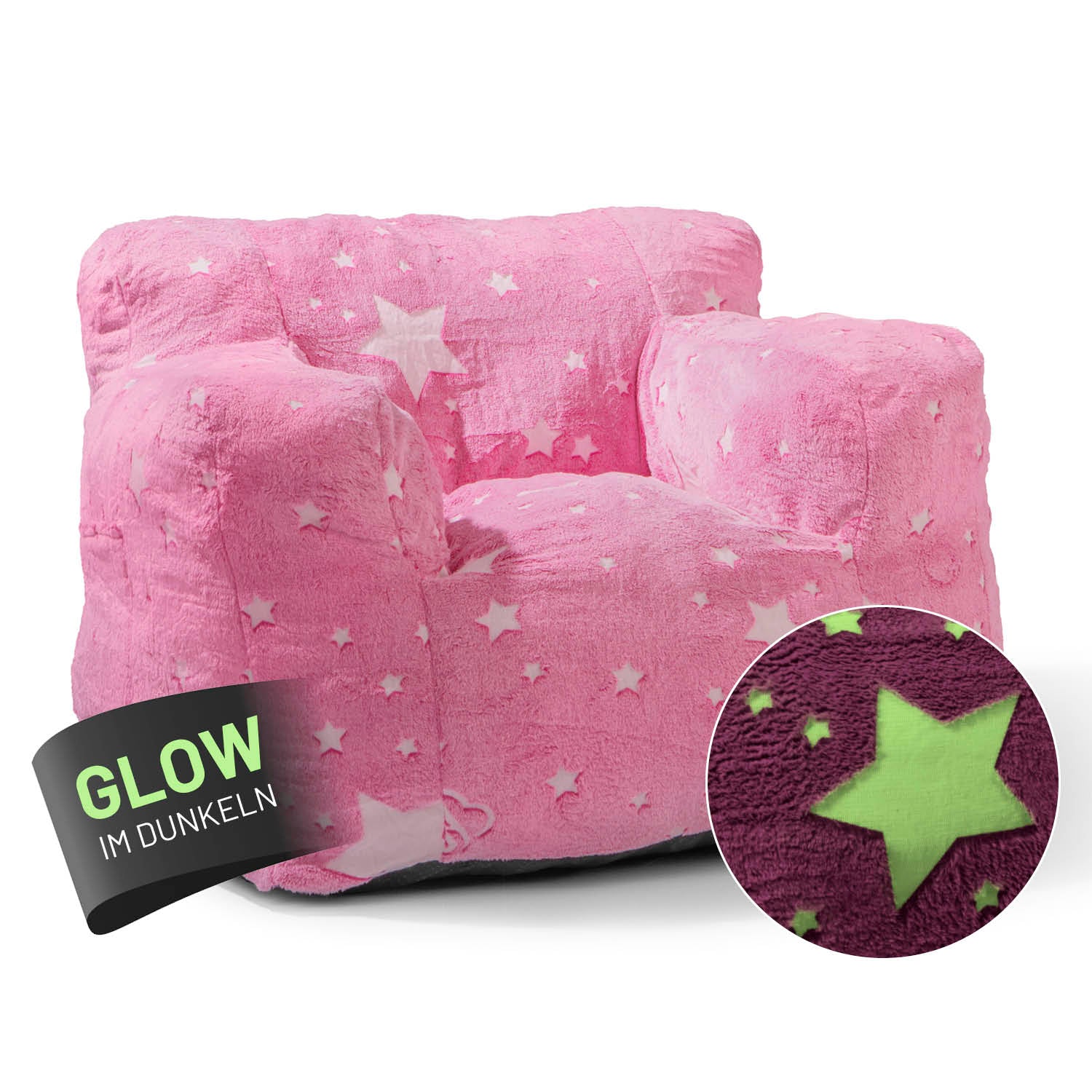 Sessel „Glow in the Dark“ - Pink mit leuchtendem Sternenmotiv, weichem Material und praktischer Seitentasche fürs Kinderzimmer.