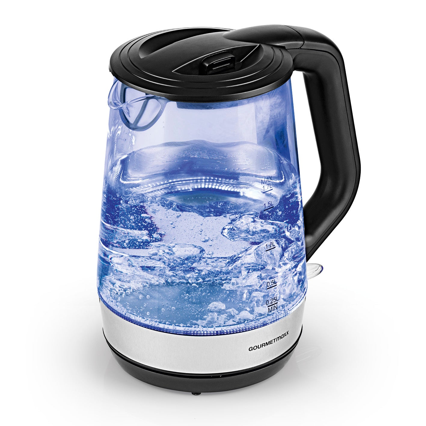 Glas-Wasserkocher - 1,7l mit Skala bis 0,25l, kabelloser Behälter, verdecktes Heizelement und großer Deckelöffnung.