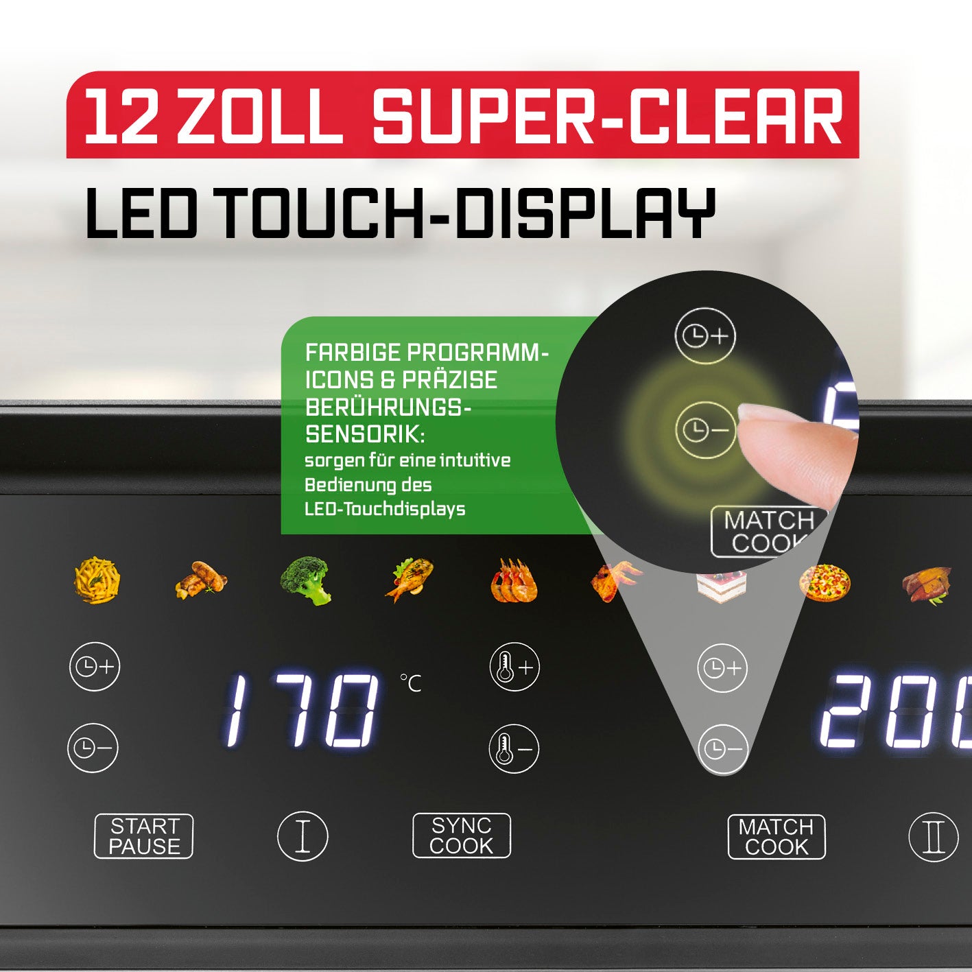 Vario-Kammer-Heißluftfritteuse - 10 Liter mit 12 Zoll LED Touch-Display und farbigen Programm-Icons für intuitive Bedienung.