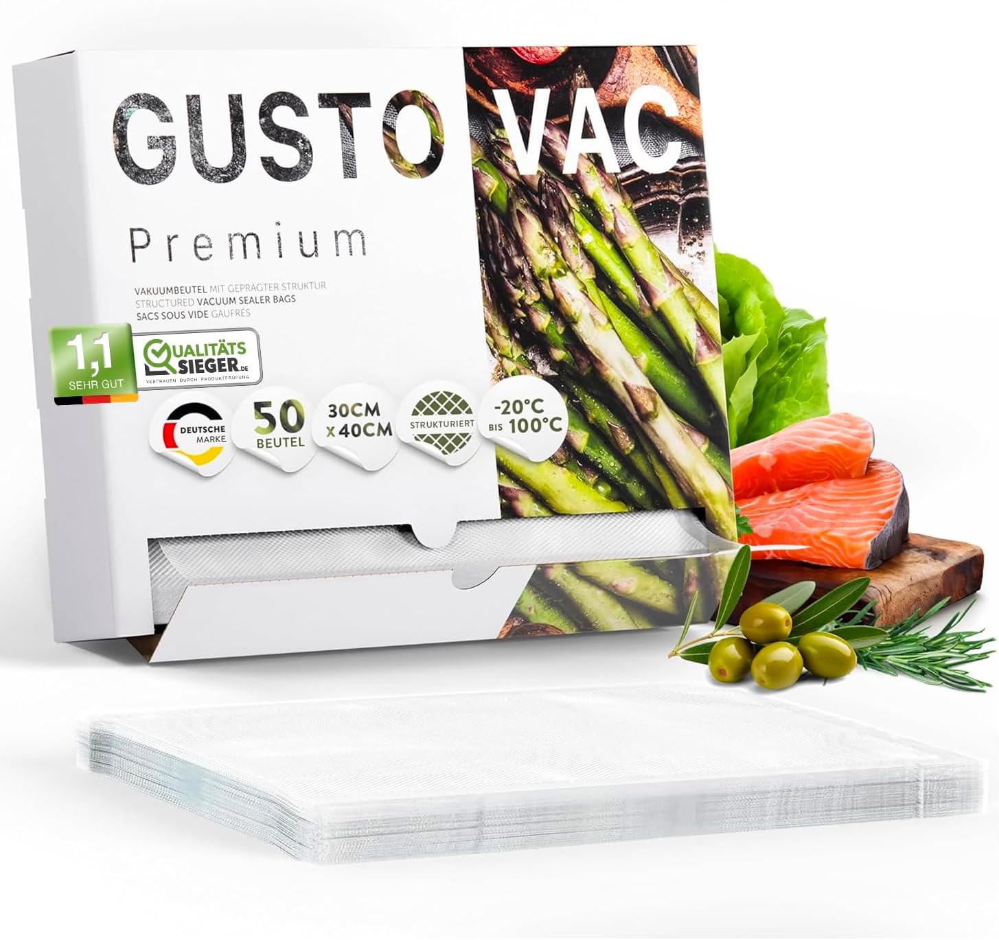 Premium Vakuumbeutel - 30x40 cm - 50 Stück, luftdicht, langlebig, vielseitig für Einfrieren, Sous-Vide und Frischeerhalt.