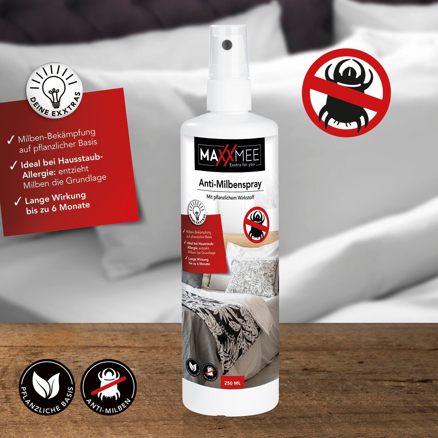 Anti-Milbenspray - 250 ml zur Bekämpfung von Hausstaubmilben auf Matratzen, Polstermöbeln und Bettwaren, Wirkung bis zu 6 Monate.