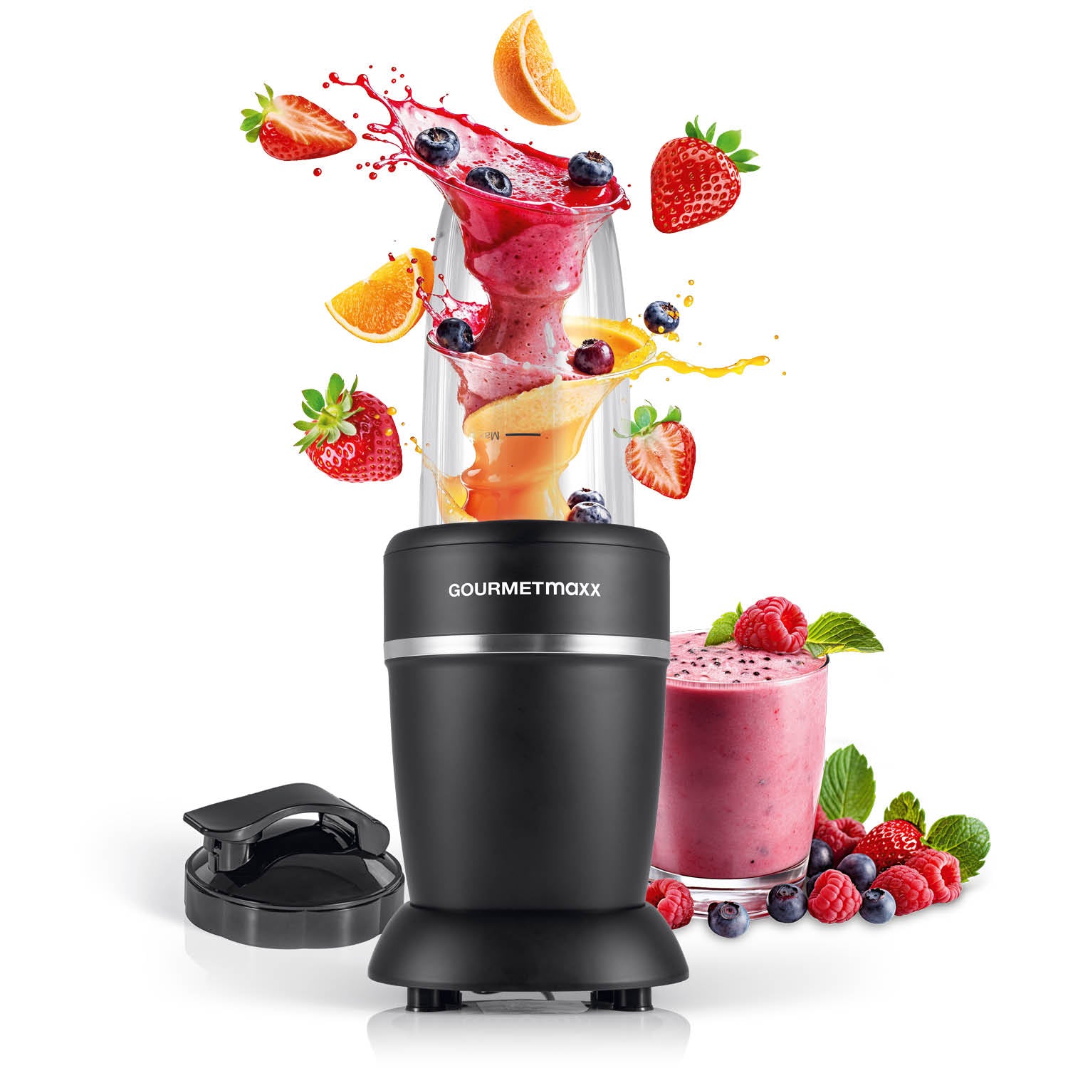 Nutrition Mixer mit 1000 Watt Motor, Edelstahlklinge, 750 ml Becher und To-go-Deckel für frische Smoothies und Shakes.