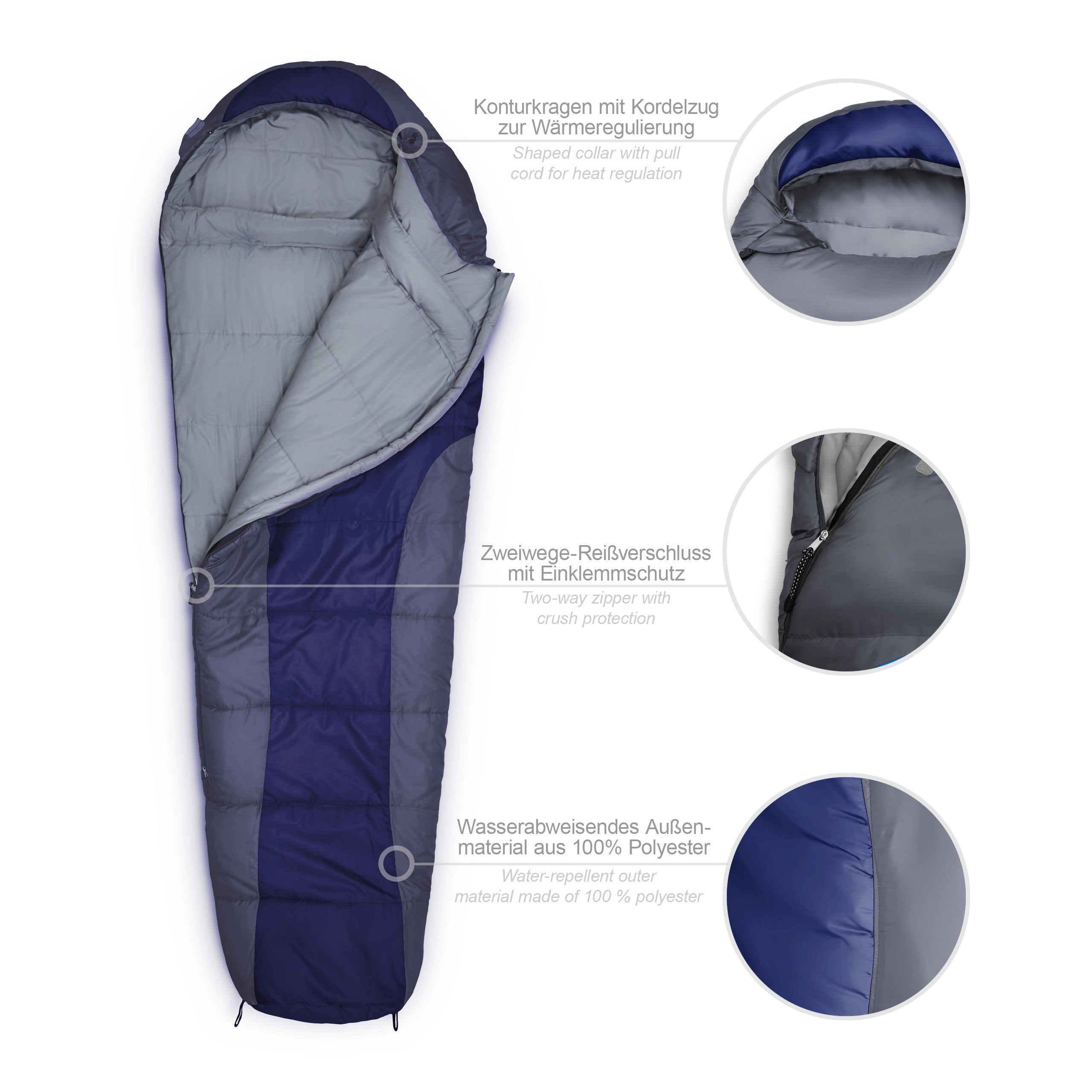 Camping Schlafsack Classic Mumienschlafsack dunkelblau, wasserabweisend, mit Konturkapuze, Kordelzug und Zweiwege-Reißverschluss, 230x80x55 cm.