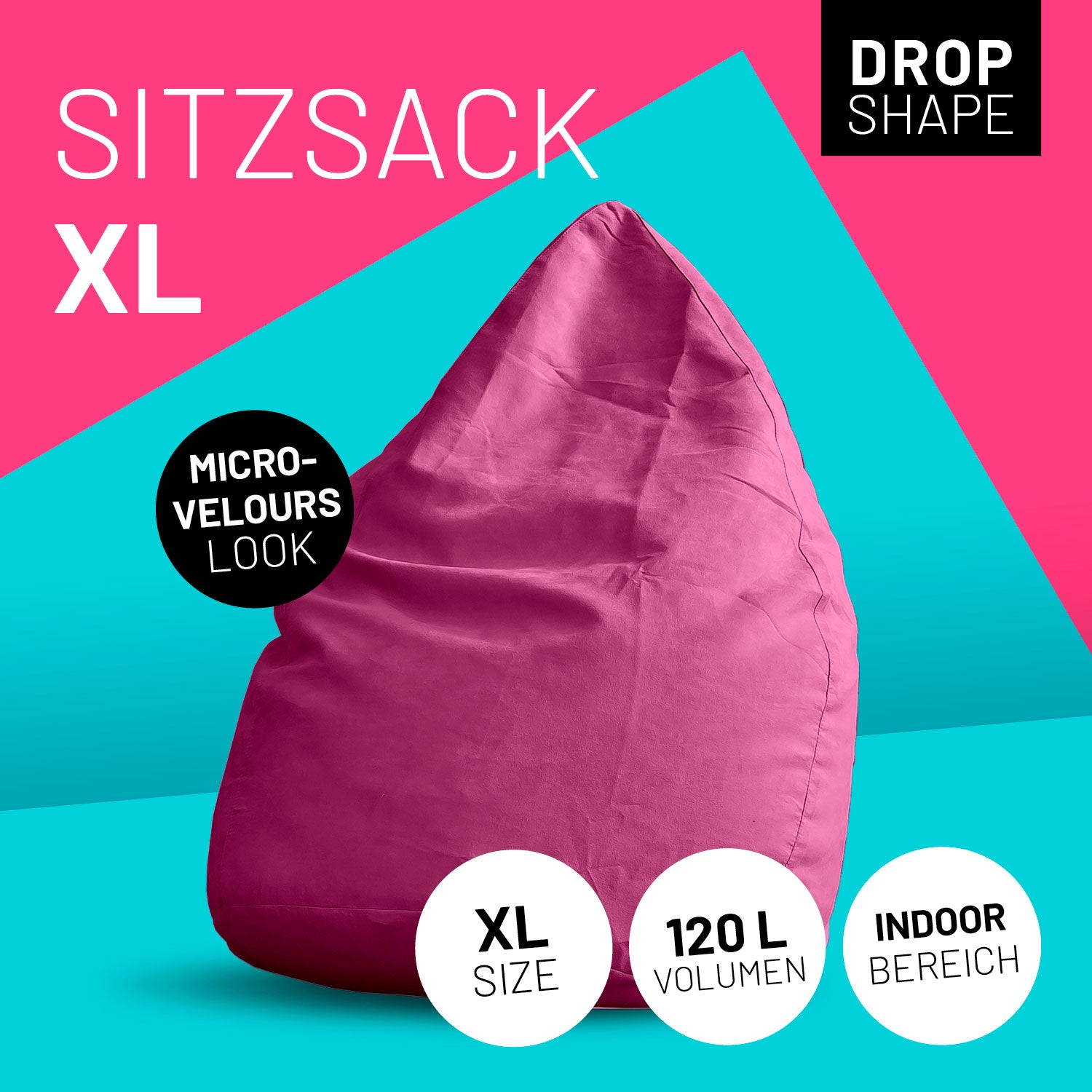 Luxury XL Sitzsack (120 L) - indoor - Pink, großer bequemer Sitzsack in Microvelours-Optik für Wohnräume und modernes Wohnen.
