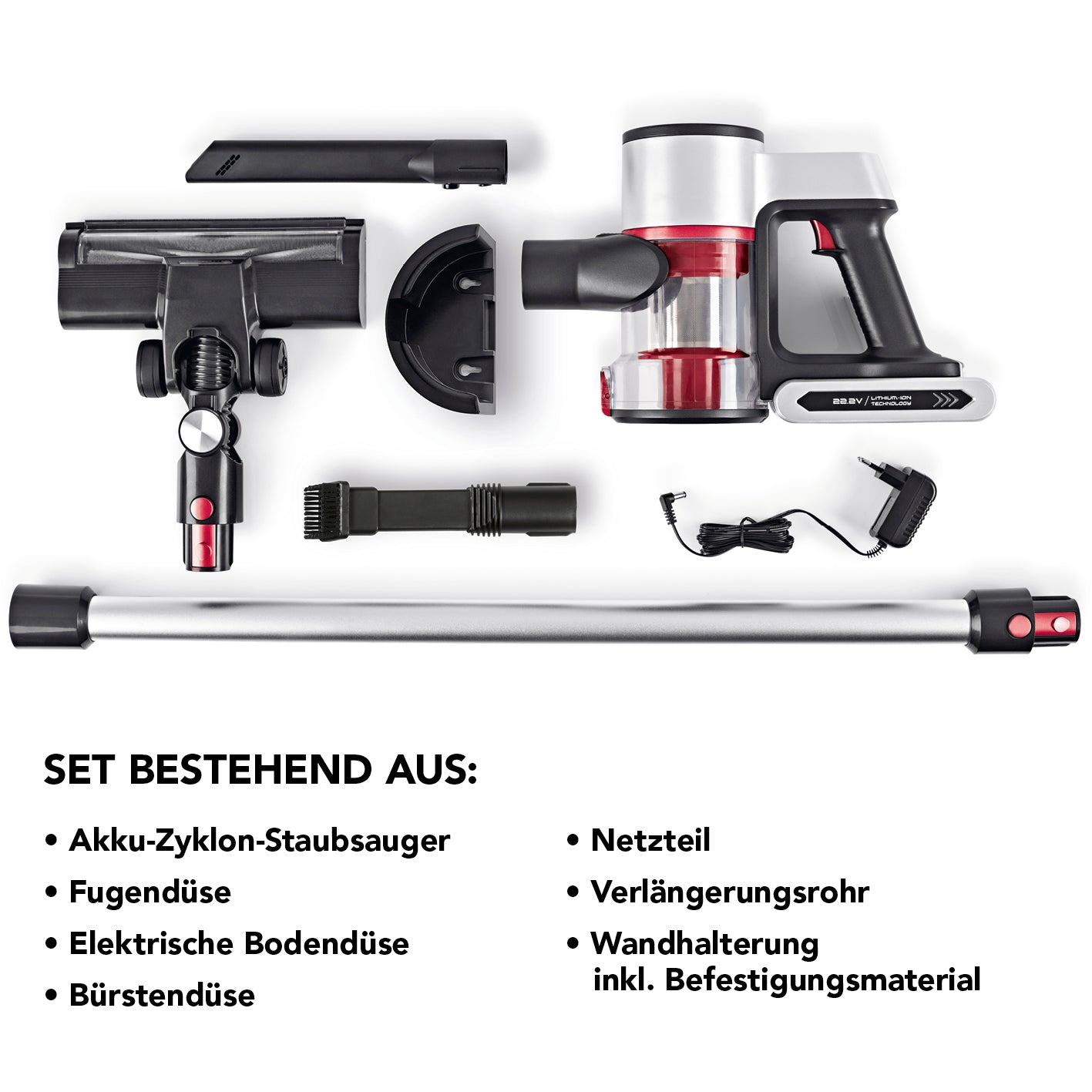 Akku-Zyklon-Staubsauger Digital-Display anthrazit/silber/rot mit Zubehör, Verlängerungsrohr, Wandhalterung und elektrischem Bodendüse-Set.