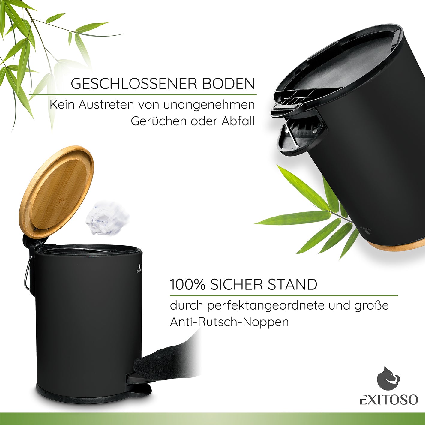 Tretmülleimer mit Softclose-Deckel - 3 l - Schwarz mit geschlossenem Boden und rutschfesten Noppen für sicheren und geruchsfreien Stand.