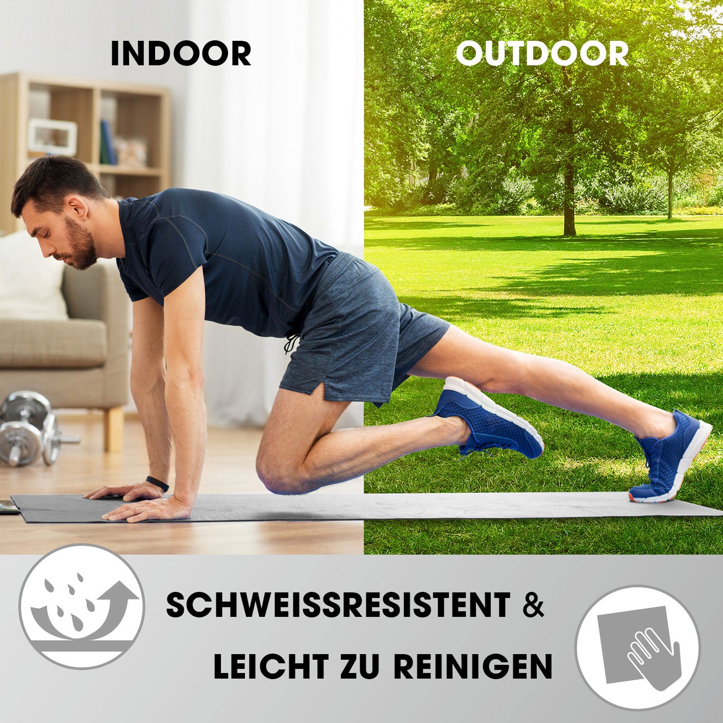 Fitness- und Gymnastikmatte - 183 x 61 x 1,5 cm - Grau, rutschfest, schweißresistent, ideal für Indoor- und Outdoor-Training.