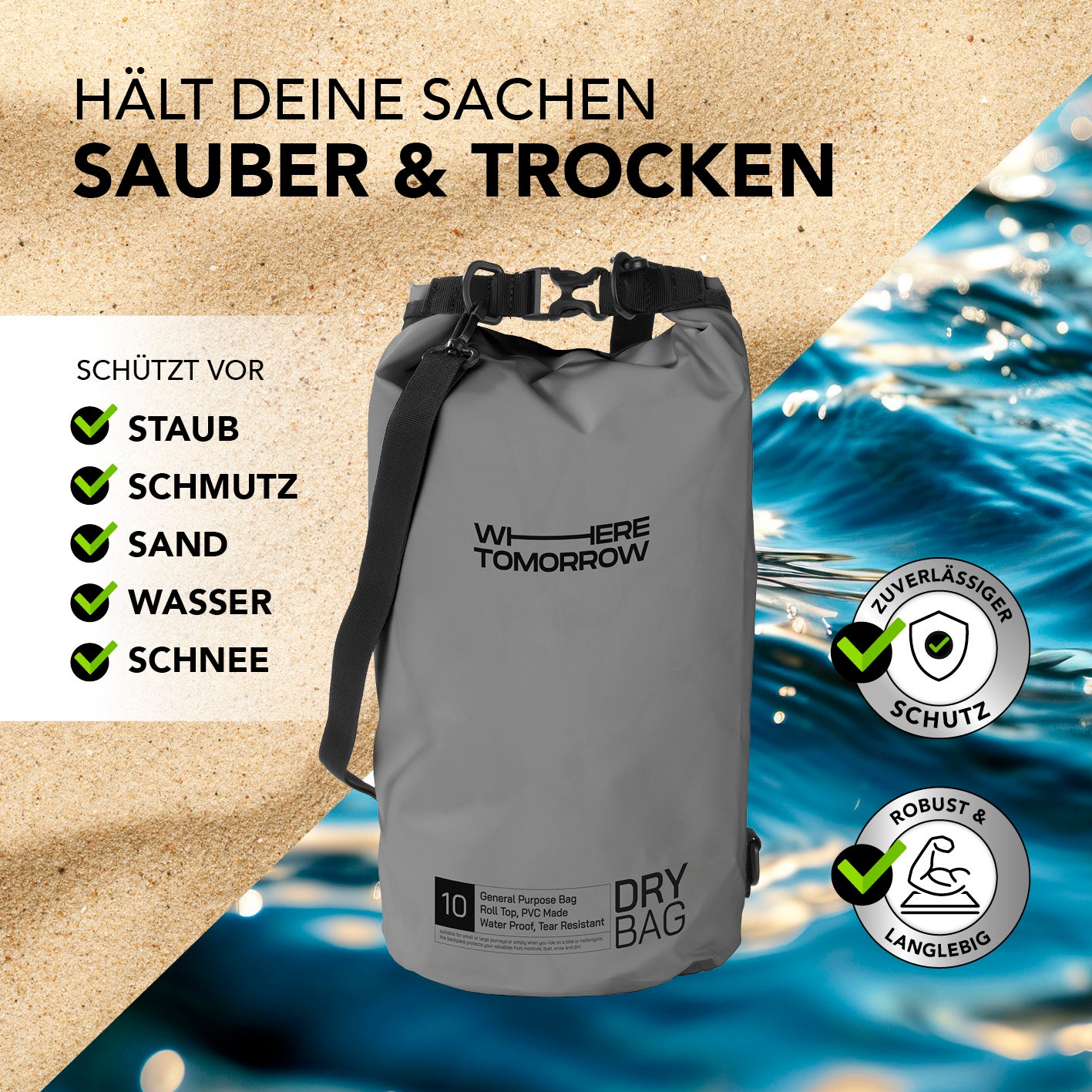 Dry Bag 10L - Style 01 - Grau mit wasserdichtem Rolltop, robust, schützt vor Staub, Schmutz, Sand, Wasser und Schnee, ideal für Outdoor-Abenteuer.