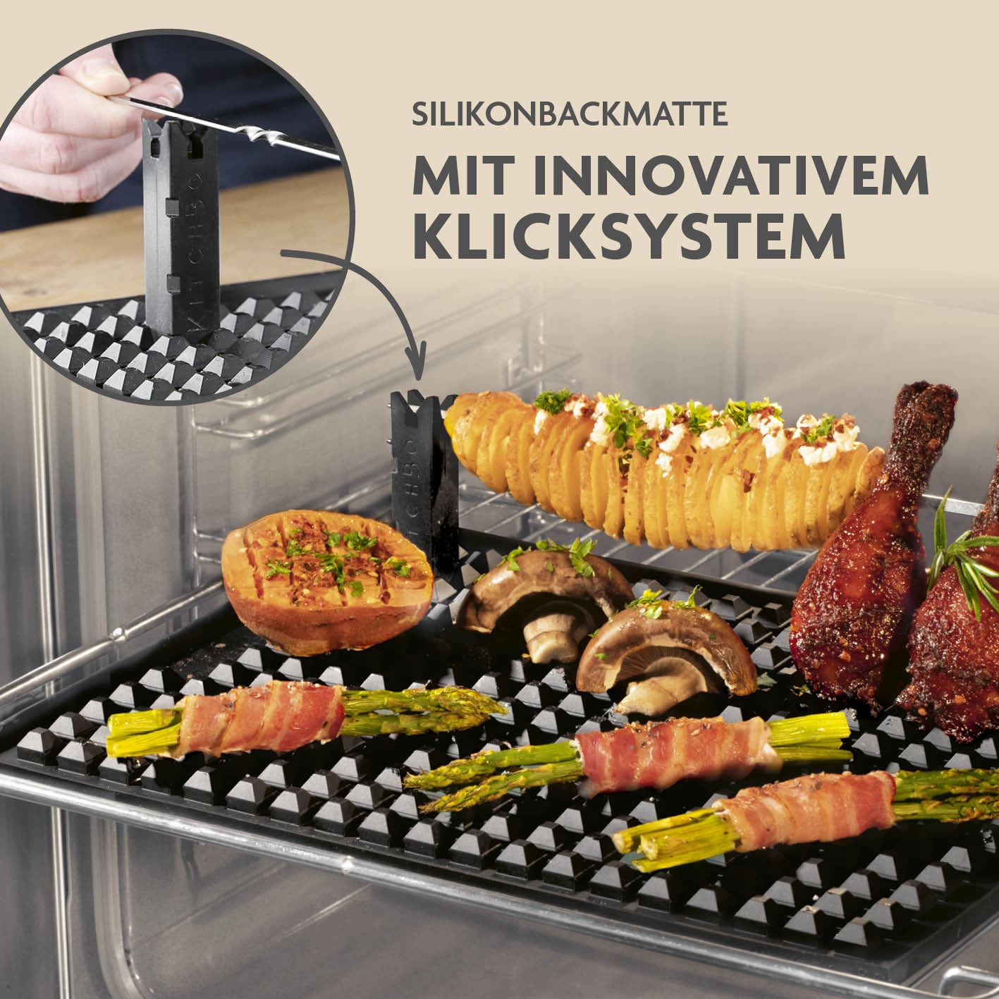 Starter Set Deluxe Silikon-Backmatte mit innovativem Klicksystem zum krossen, fettarmen Garen von Gemüse, Fleisch und mehr im Ofen.