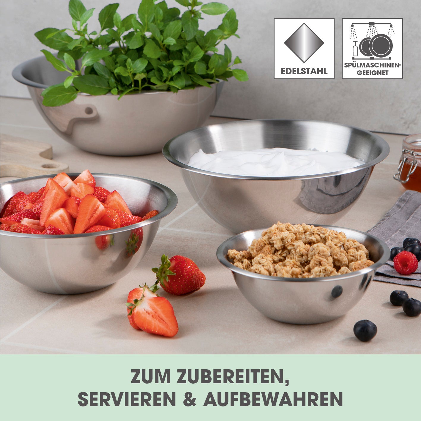 Edelstahl-Schüsseln rund - Edelstahl, stapelbar, spülmaschinengeeignet zum Zubereiten, Servieren und Aufbewahren von Lebensmitteln.