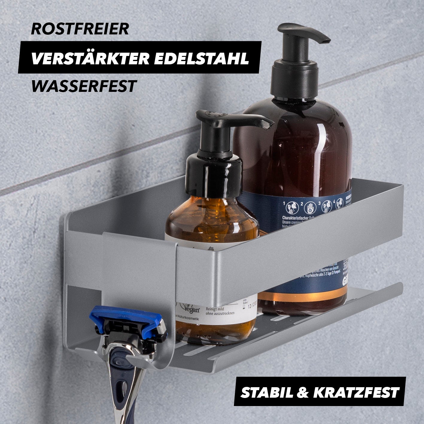 Dusch-Organizer zum Kleben oder Bohren - 2er-Set - Silber aus rostfreiem Edelstahl mit Hakenleiste und Wasserablauf, stabil und kratzfest.
