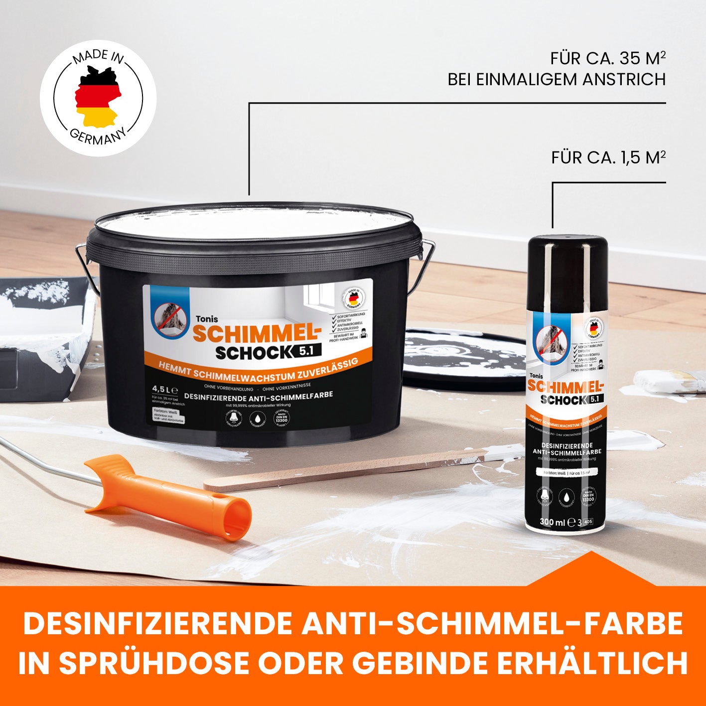 Tonis SCHIMMELSCHOCK Anti-Schimmel-Farbe 5.1 - 2er-Set mit zuverlässiger Schimmelbekämpfung für ca. 35 m² und 1,5 m² Fläche.