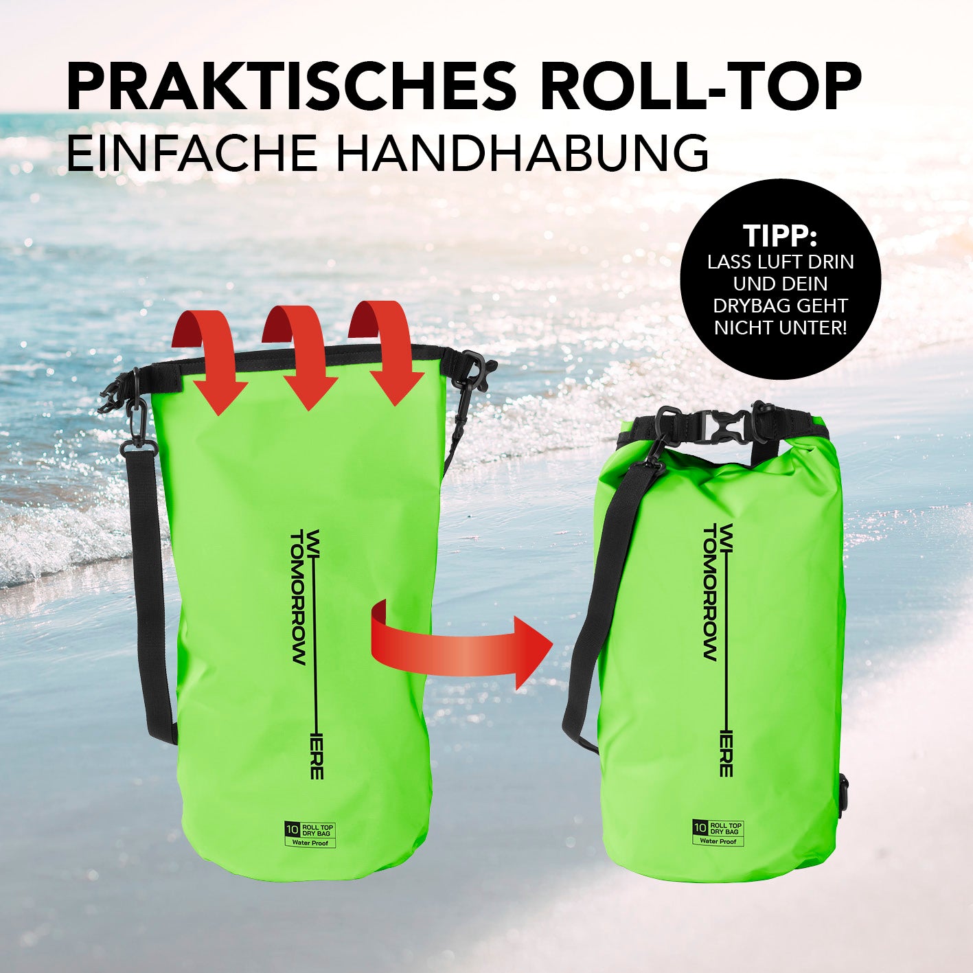 Dry Bag 10L - Style 02 - Grün mit wasserdichtem Rolltop-Verschluss und verstellbarem Schultergurt für Outdoor-Abenteuer.