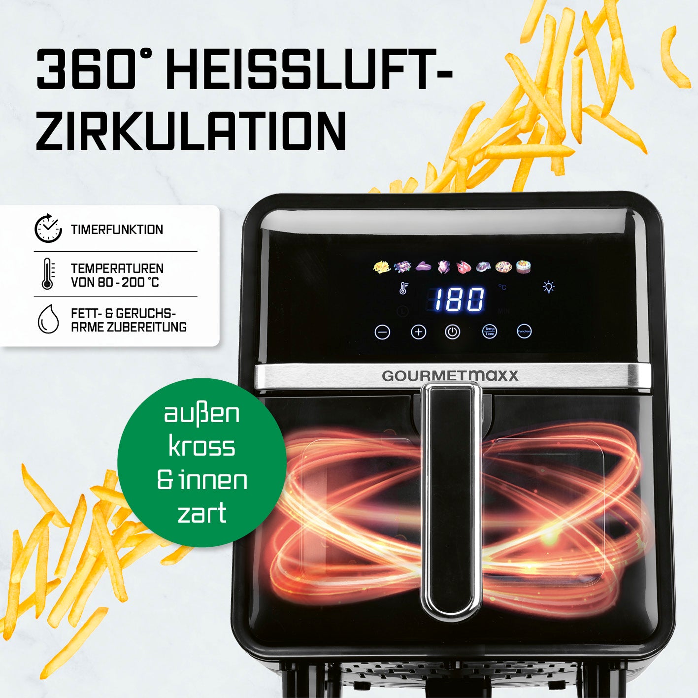 Heißluftfritteuse - 5 Liter mit 360° Heißluftzirkulation, LED-Touchdisplay und fettarmer Zubereitung für knusprige Speisen.