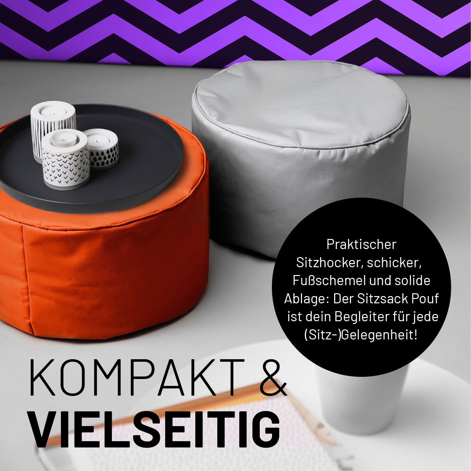 Sitzsack-Hocker/Pouf (50 L) in Orange, multifunktional als Sitzhocker, Ablage & Fußschemel für Indoor & Outdoor, pflegeleicht und langlebig.