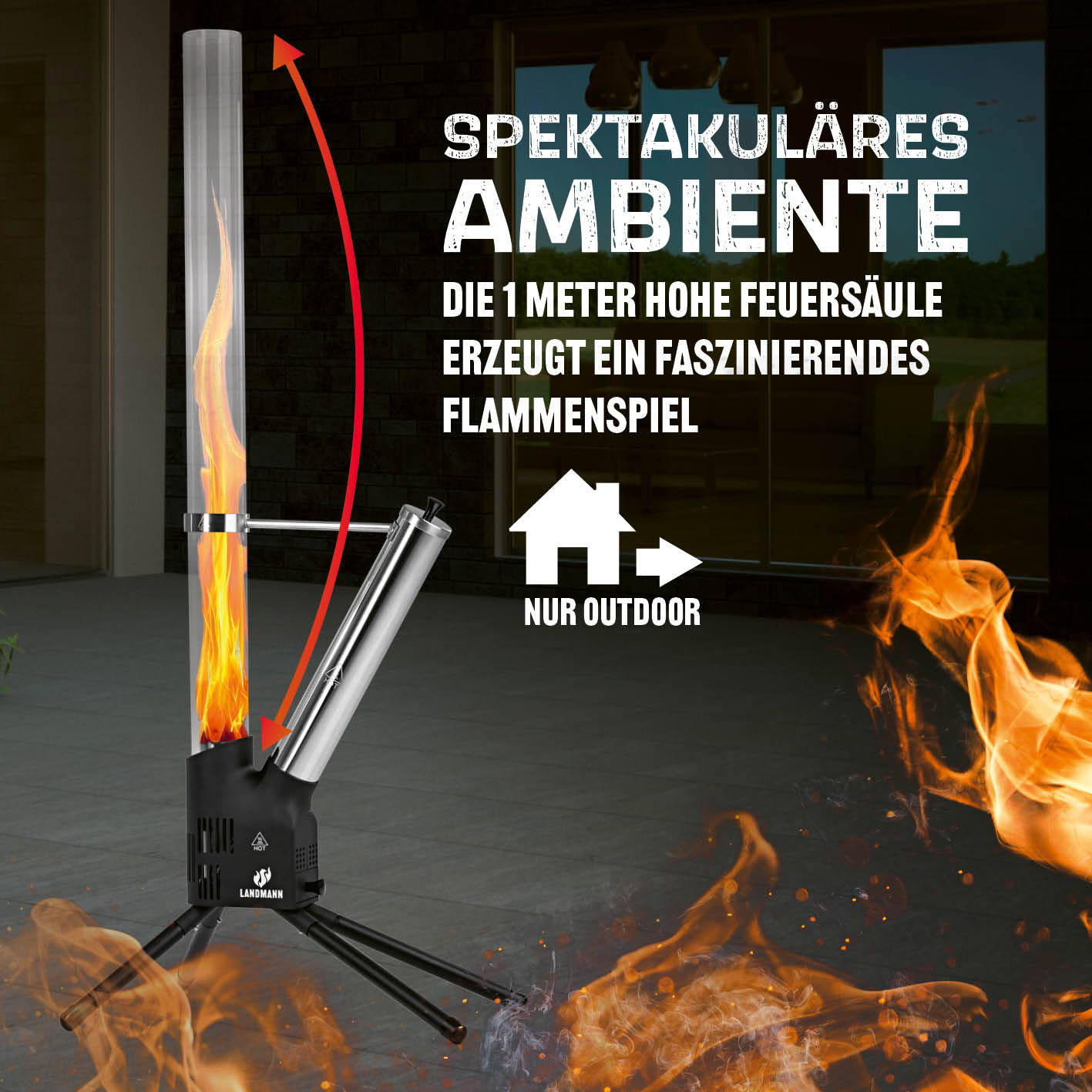 Pellet-Feuersäule mit 1 Meter Höhe erzeugt faszinierendes Flammenspiel für spektakuläres Ambiente im Außenbereich.