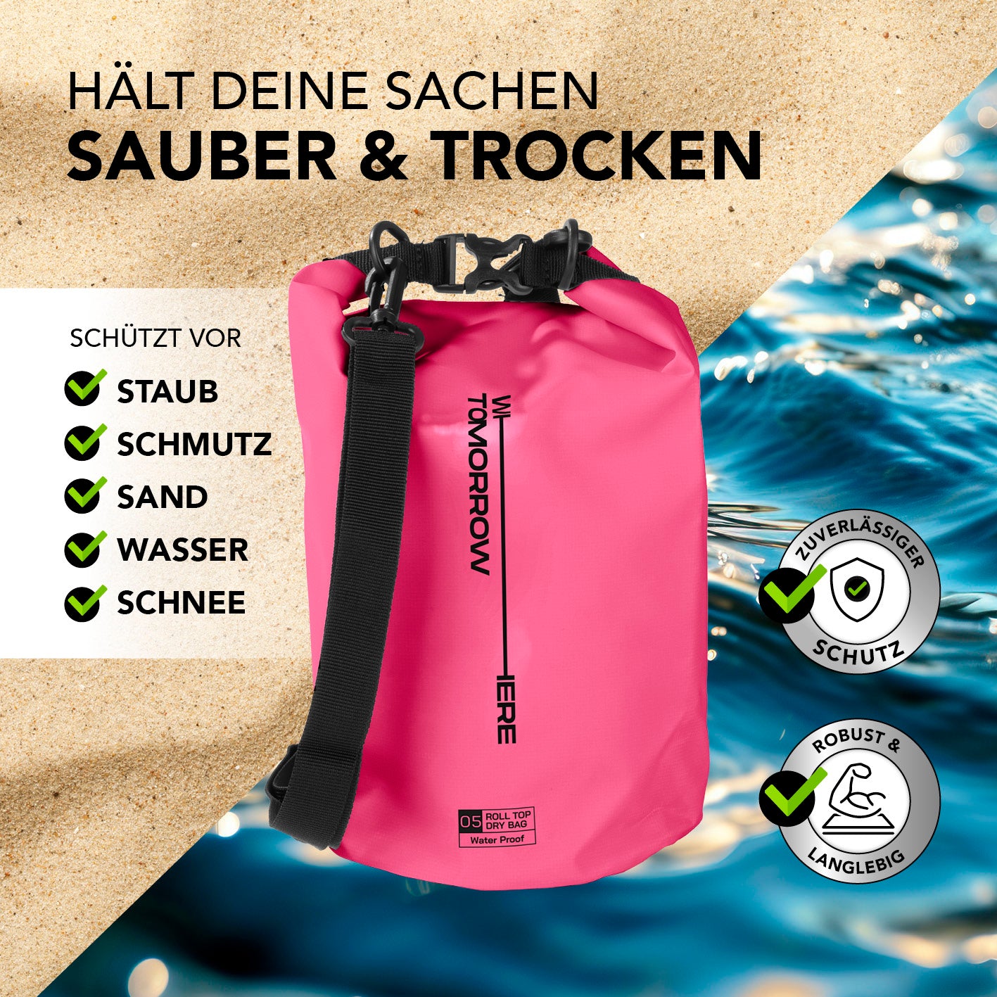 Dry Bag 5L - Style 02 - Pink wasserdichter, robuster Rucksack mit Rolltop-Verschluss schützt vor Staub, Schmutz, Sand, Wasser und Schnee.
