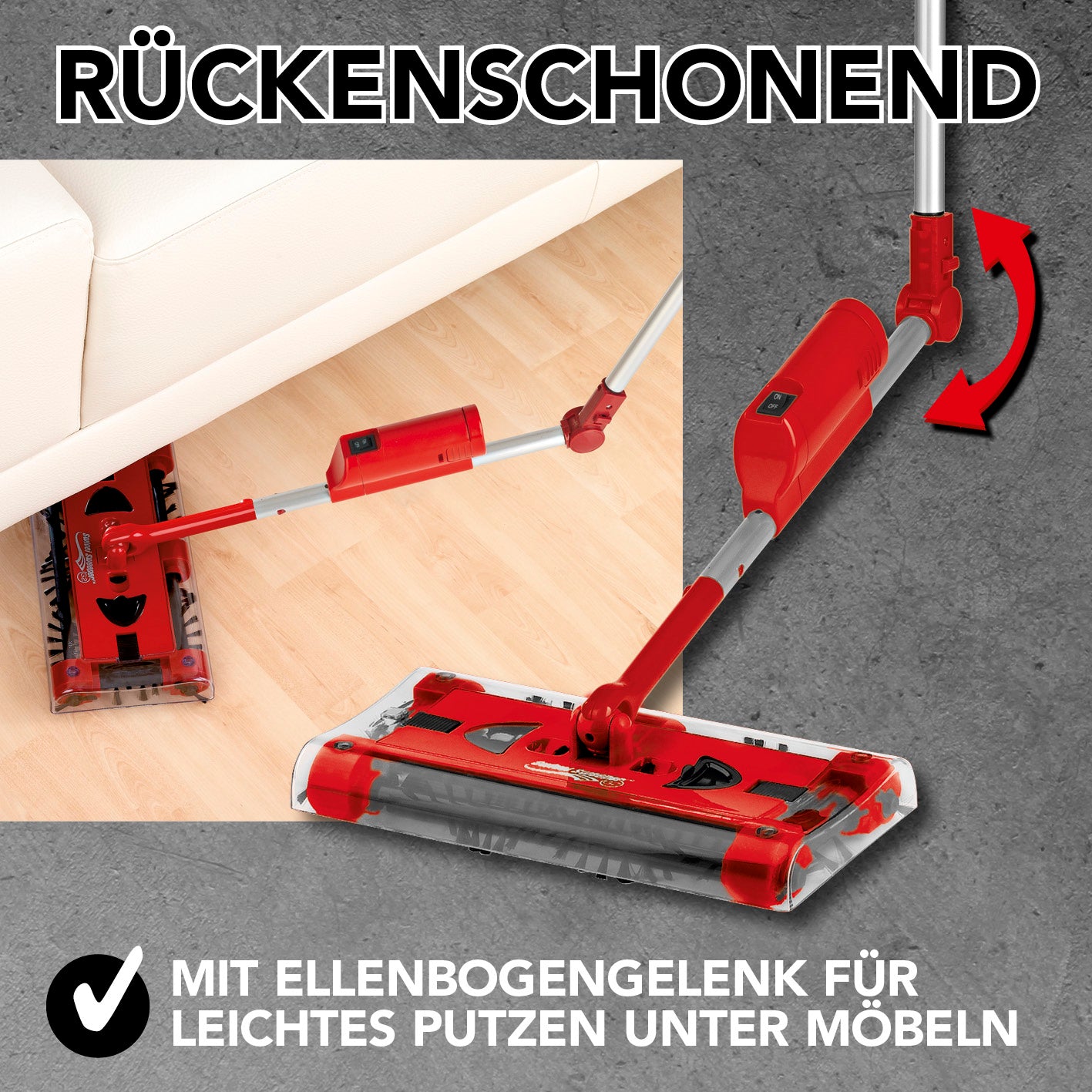 Swivel Sweeper G 2 Akkubesen kabellos - Rot mit flexiblem Ellenbogengelenk für einfaches Reinigen unter Möbeln.