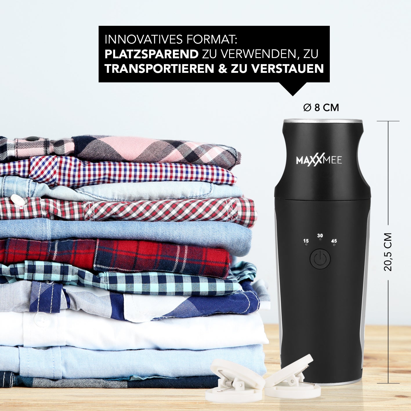 Hemden- & Blusenbügler Kompakt schwarz/silber mit platzsparendem Design und einfacher Bedienung für effizientes Trocknen und Bügeln.