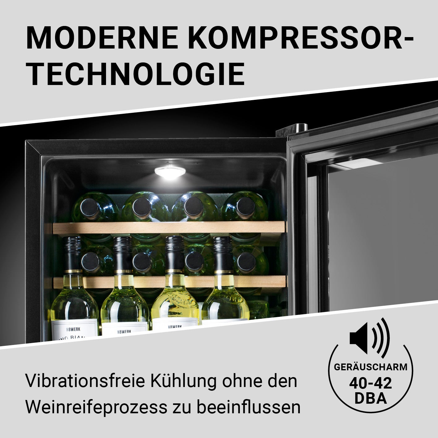 Weinkühlschrank - 15 Flaschen mit moderner Kompressor-Technologie, vibrationsfreier Kühlung und geräuscharmem Betrieb bis 42 dBA.