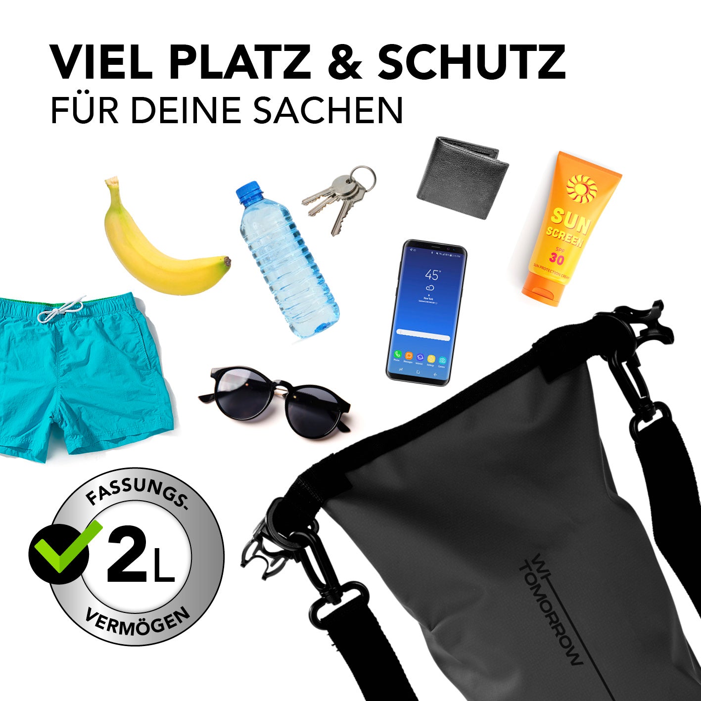 Dry Bag 2L - Style 02 - Schwarz wasserdichter Rucksack mit 2L Fassungsvermögen für Outdoor-Abenteuer und Schutz deiner Wertsachen.