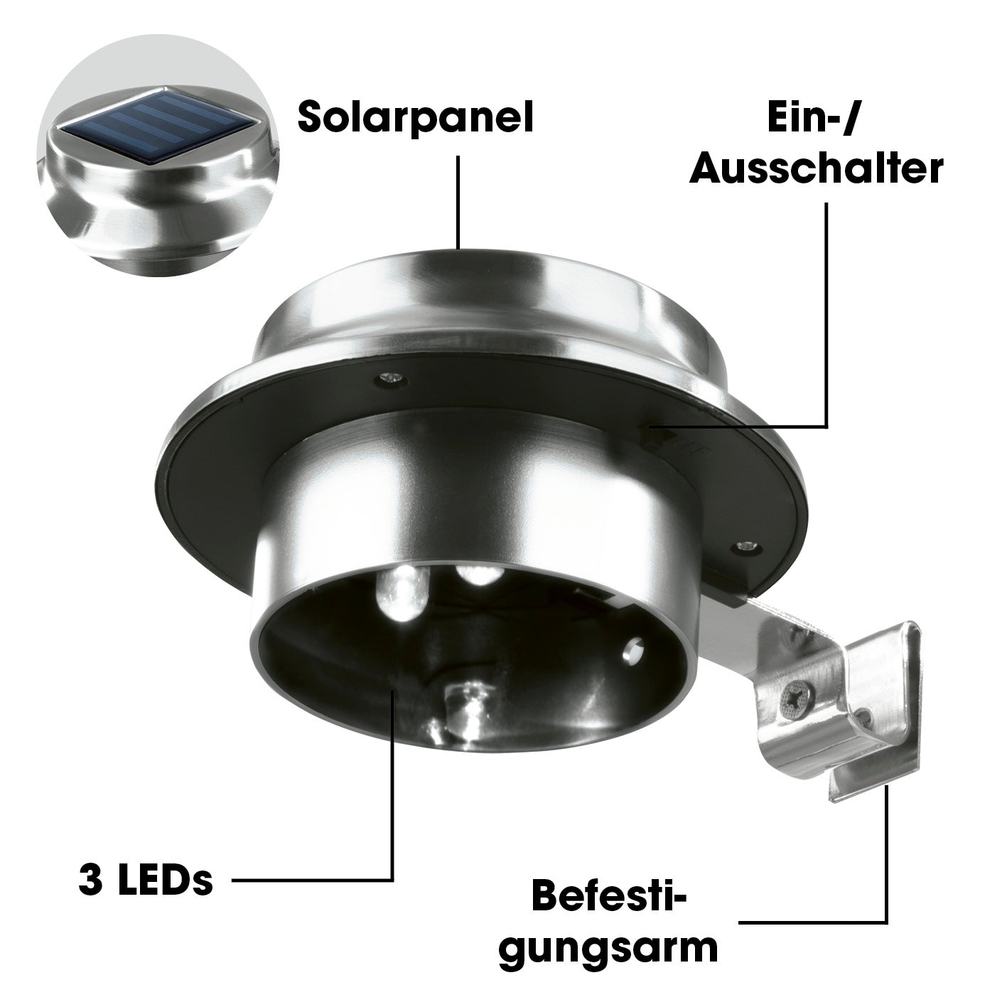 Solar Dachrinnenleuchten in Edelstahl, 3er-Set mit Solarpanel, 3 LEDs, Ein-/Ausschalter und Befestigungsarm aus Edelstahl.