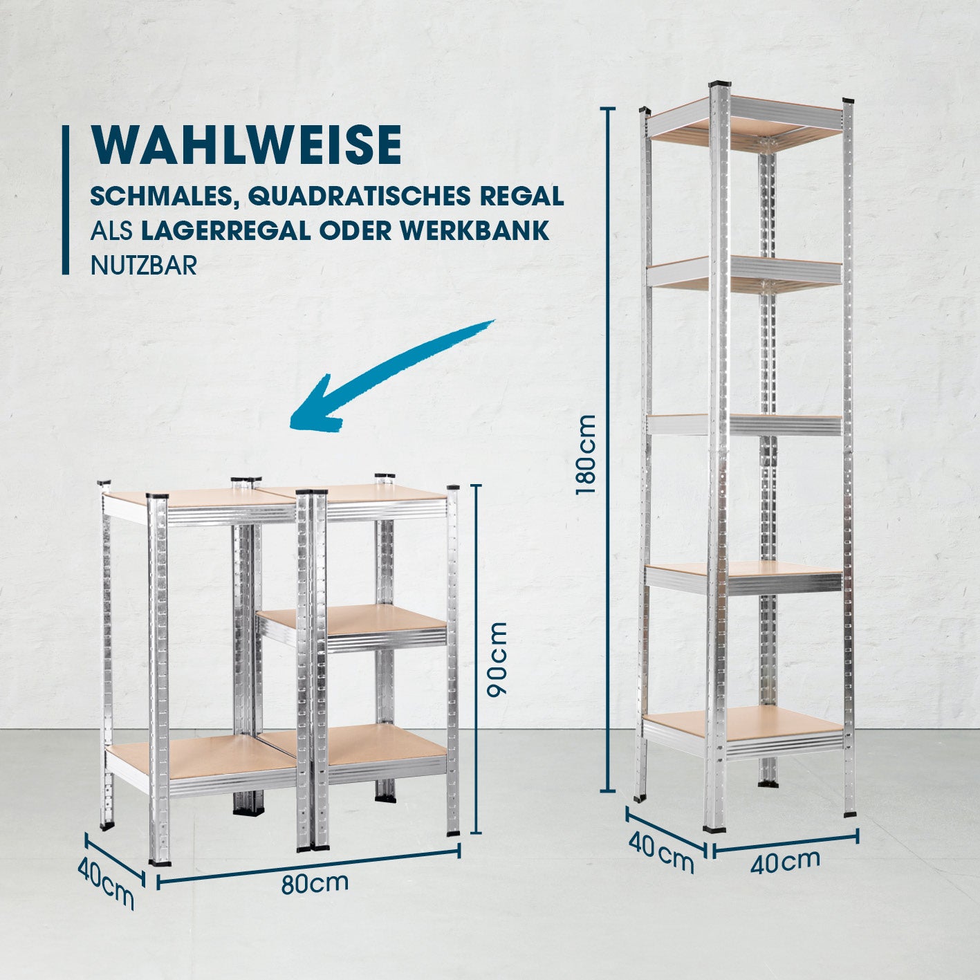 Schwerlastregal & Werkbank 2er-Set - 1750 kg Traglast, 175 kg pro Ebene - TÜV-geprüft, als Regal oder Werkbank nutzbar, Maße dargestellt.