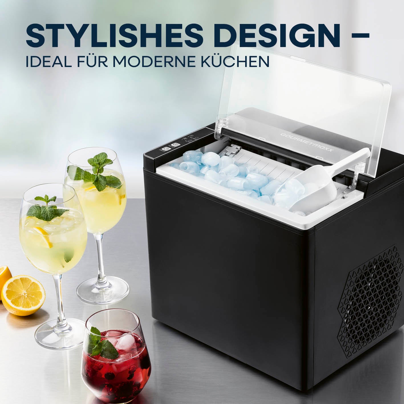 Eiswürfelmaschine inkl. Auffangbehälter & Eisschaufel mit modernem Design, schnell 9 Eiswürfel in unter 10 Min. in zwei Größen.