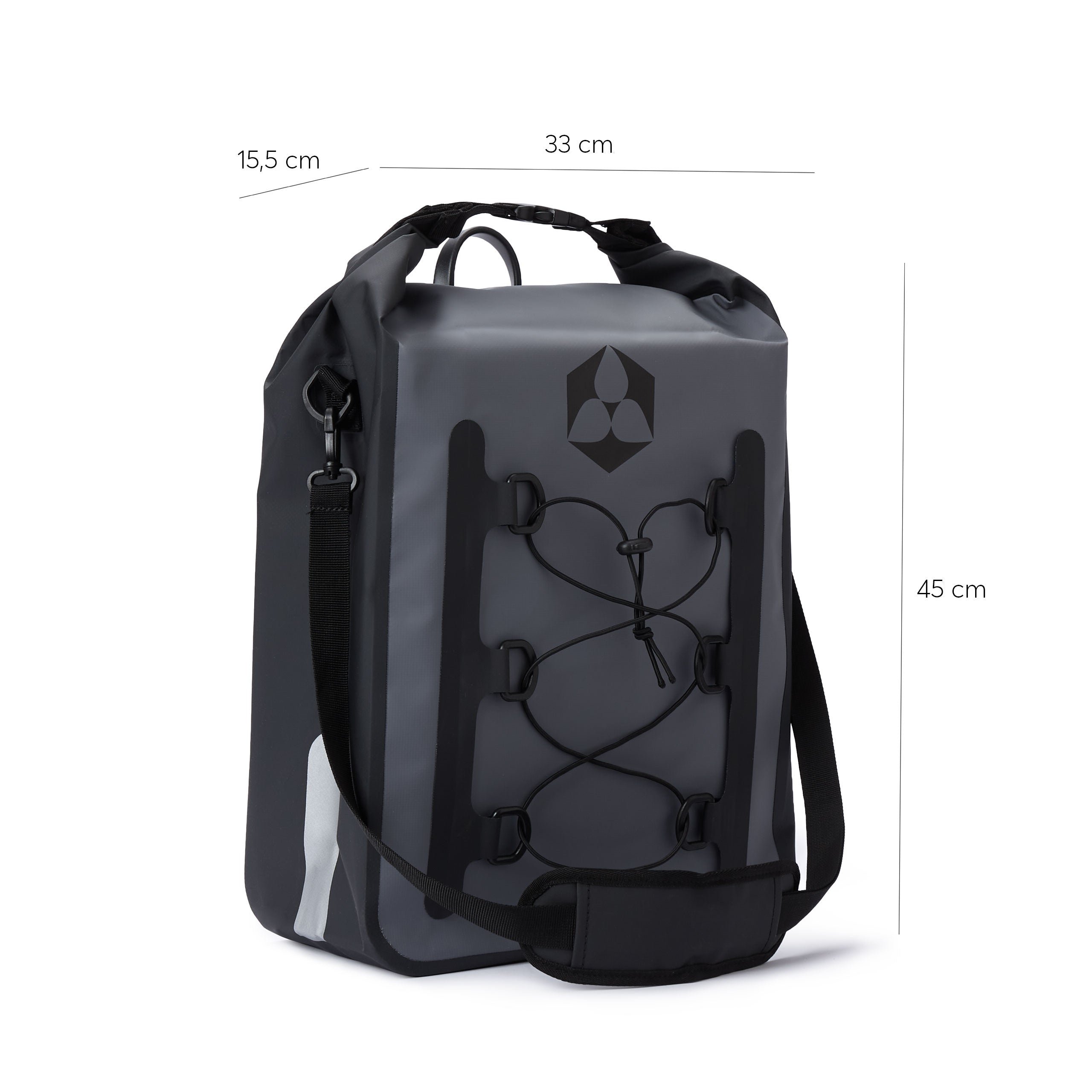 Fahrrad Gepäck Tasche wasserfest - Gepäckträger Packtasche - 23L - Grau mit reflektierenden Bändern, Schulterriemen und Tragegriff, wasserdicht.