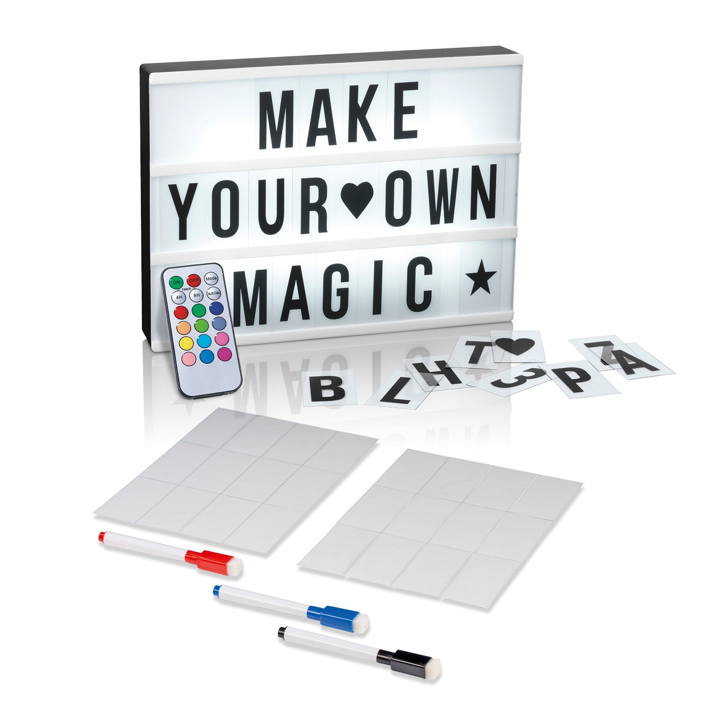 LED-Leuchtkasten mit 173 Buchstaben & Symbole inkl. Schreib-Set mit 3 Stiften und 20 Karten für individuelle Botschaften.