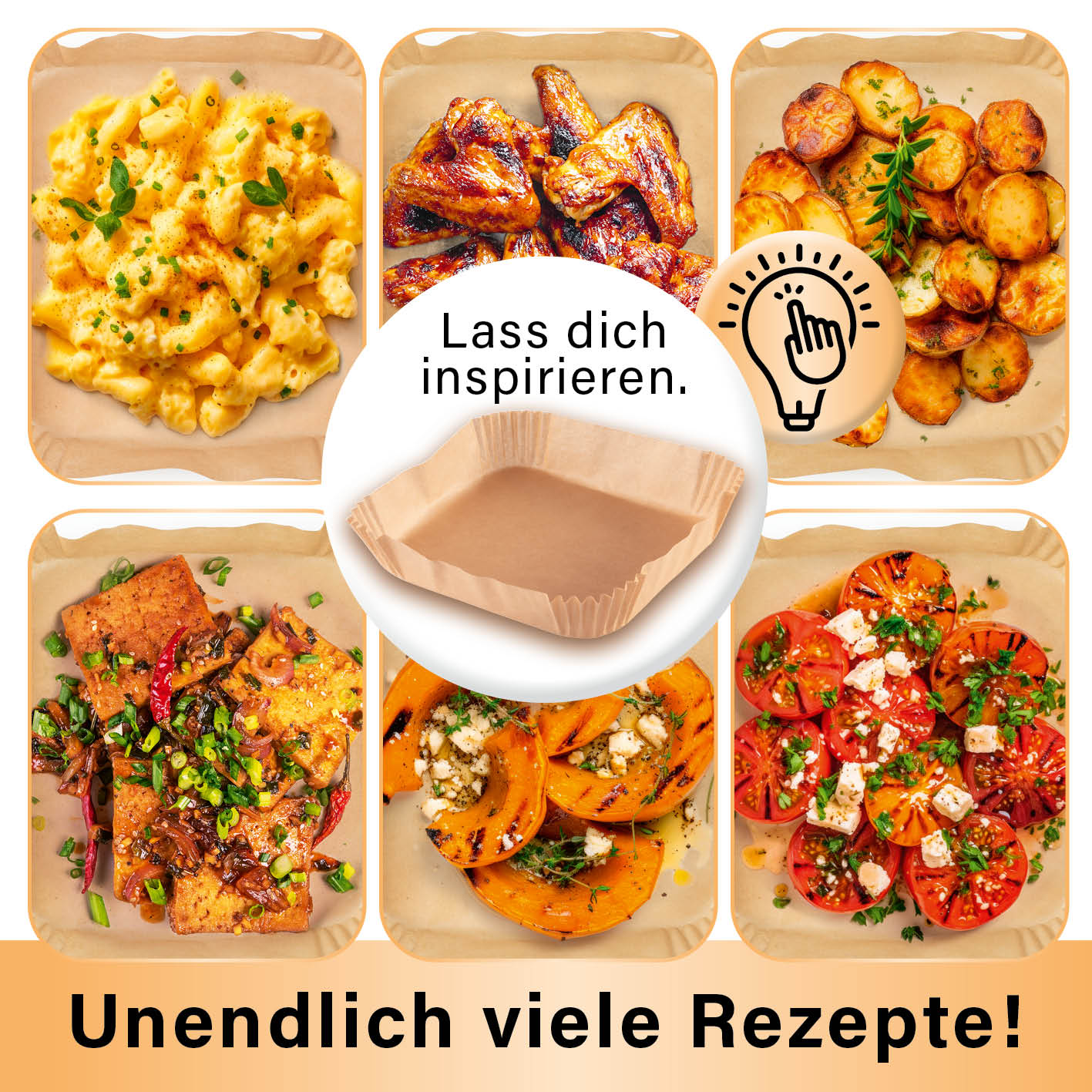 Backpapierschalen für Heißluftfritteusen (5–8 l) – 50 Stück, hitzebeständig, antihaftbeschichtet, für fettfreies, sauberes Kochen.