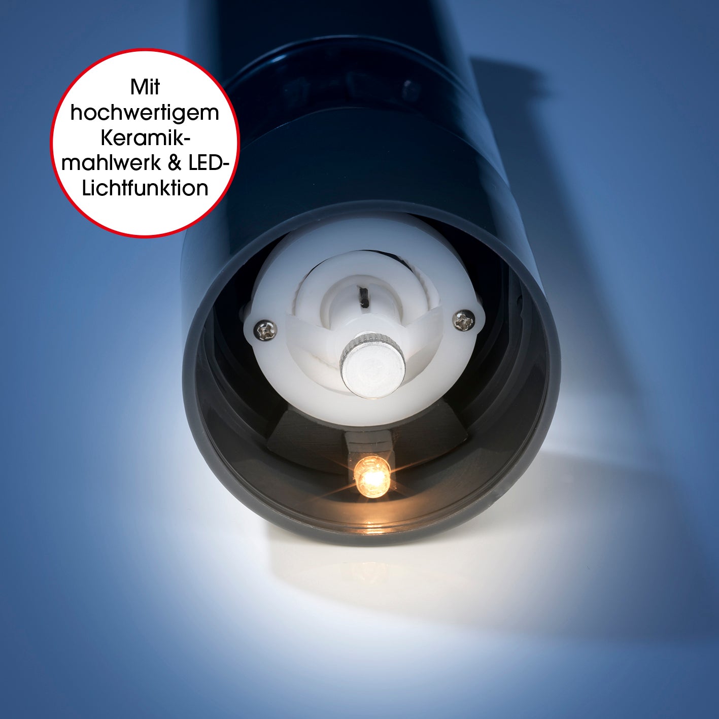 Salz- & Pfeffermühle mit hochwertigem Keramikmahlwerk und LED-Lichtfunktion für präzises, automatisches Mahlen bei jedem Einsatz.