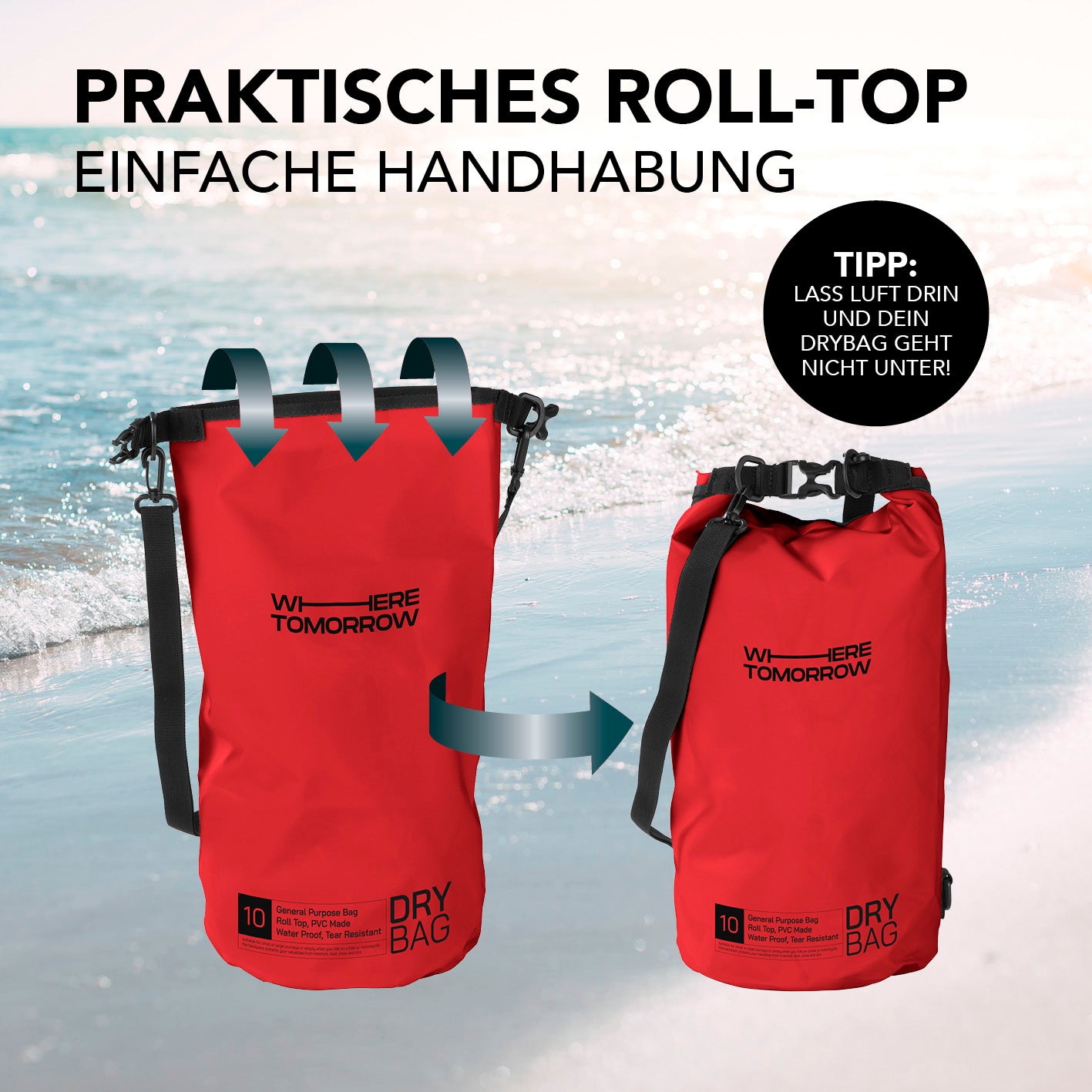 Dry Bag 10L - Style 01 - Rot mit praktischem Rolltop-Verschluss, wasserdicht und robust für Outdoor-Abenteuer.