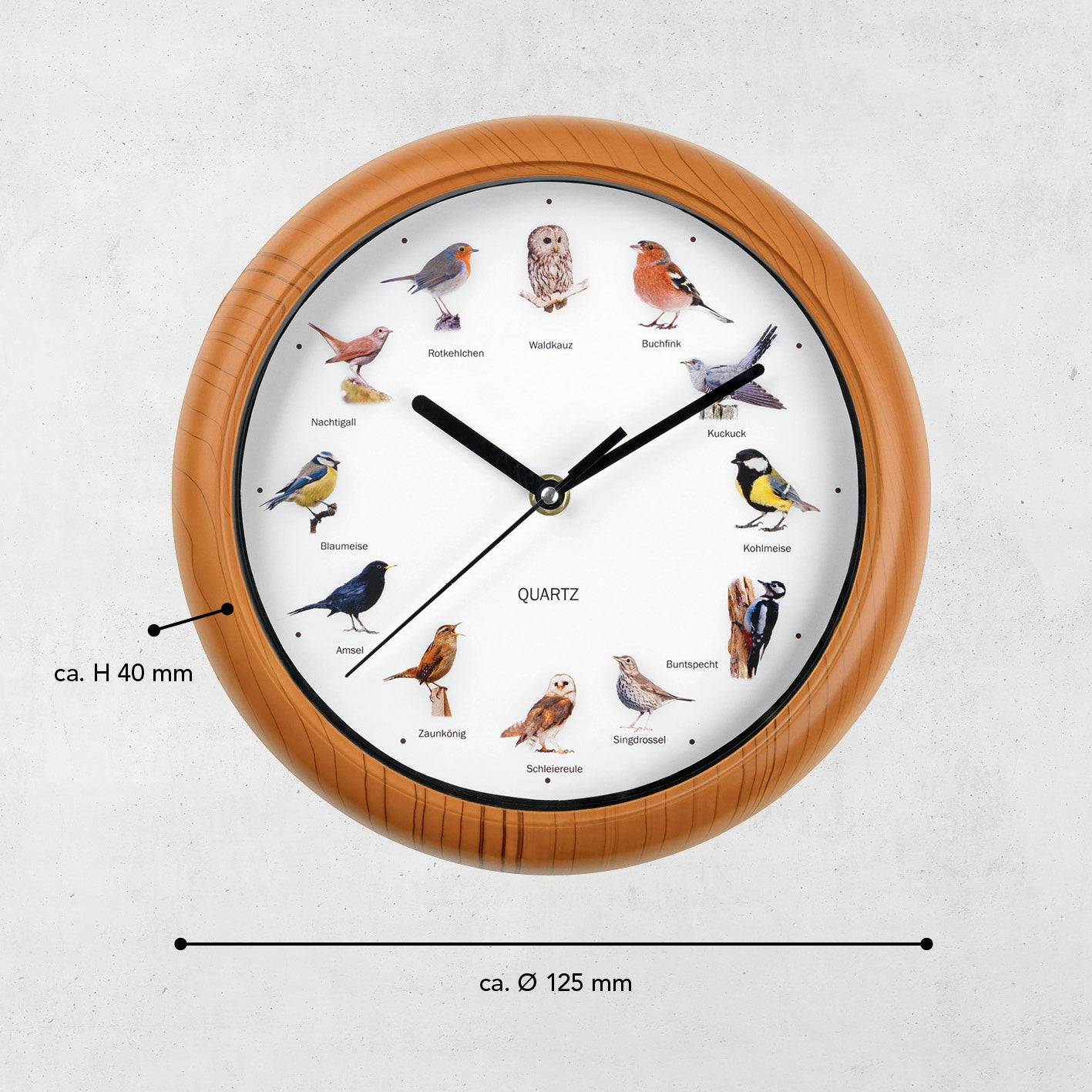 Wanduhr mit Vogelstimmen - 12 Singvogelstimmen, naturgetreue Vogelmotive, batteriebetrieben, automatische Abschaltung 21-5 Uhr, 25 cm Durchmesser.