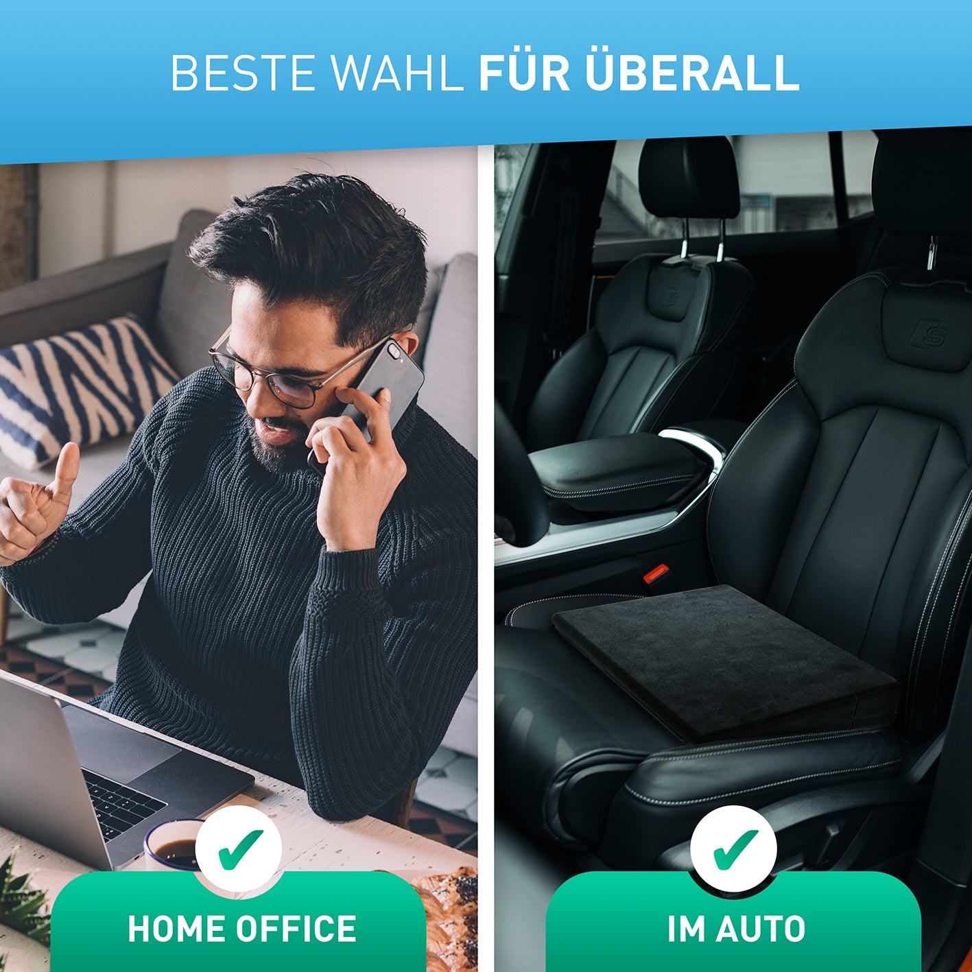 Stuhl-Keilkissen mit Samtbezug - Schwarz auf Bürostuhl und Autositz für mehr Komfort und rutschfesten Halt.