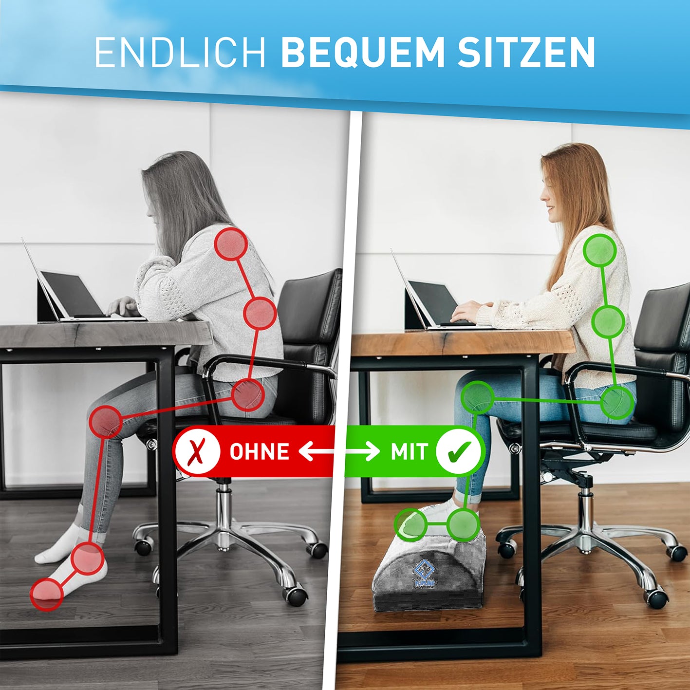 Schreibtisch-Fußstütze mit Fußtasche - Silber-Grau unterstützt ergonomische Sitzhaltung mit kuscheligem Samtbezug und flauschiger Fußtasche.