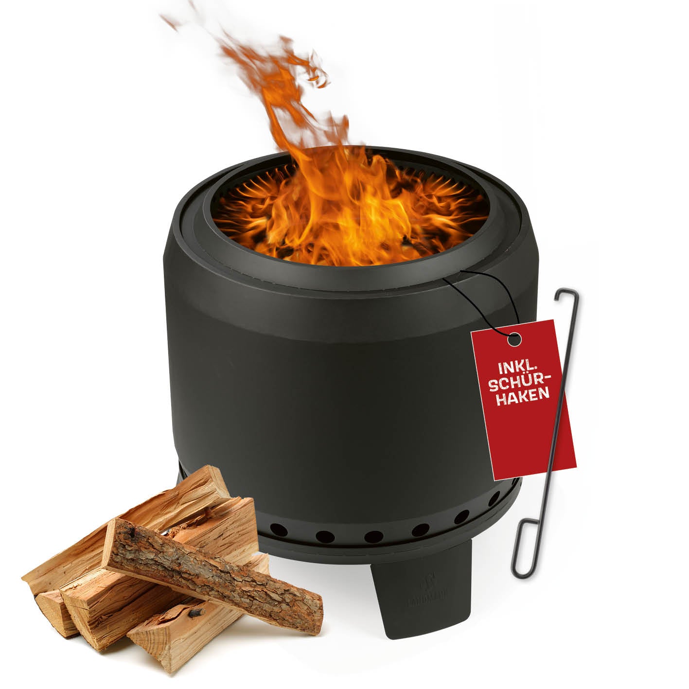 Raucharmer Feuerkorb Ø 60 cm - rund - schwarz mit 360° Luftzirkulation, Pulverbeschichtung, Schürhaken und stabilem Stand für Garten und Terrasse.