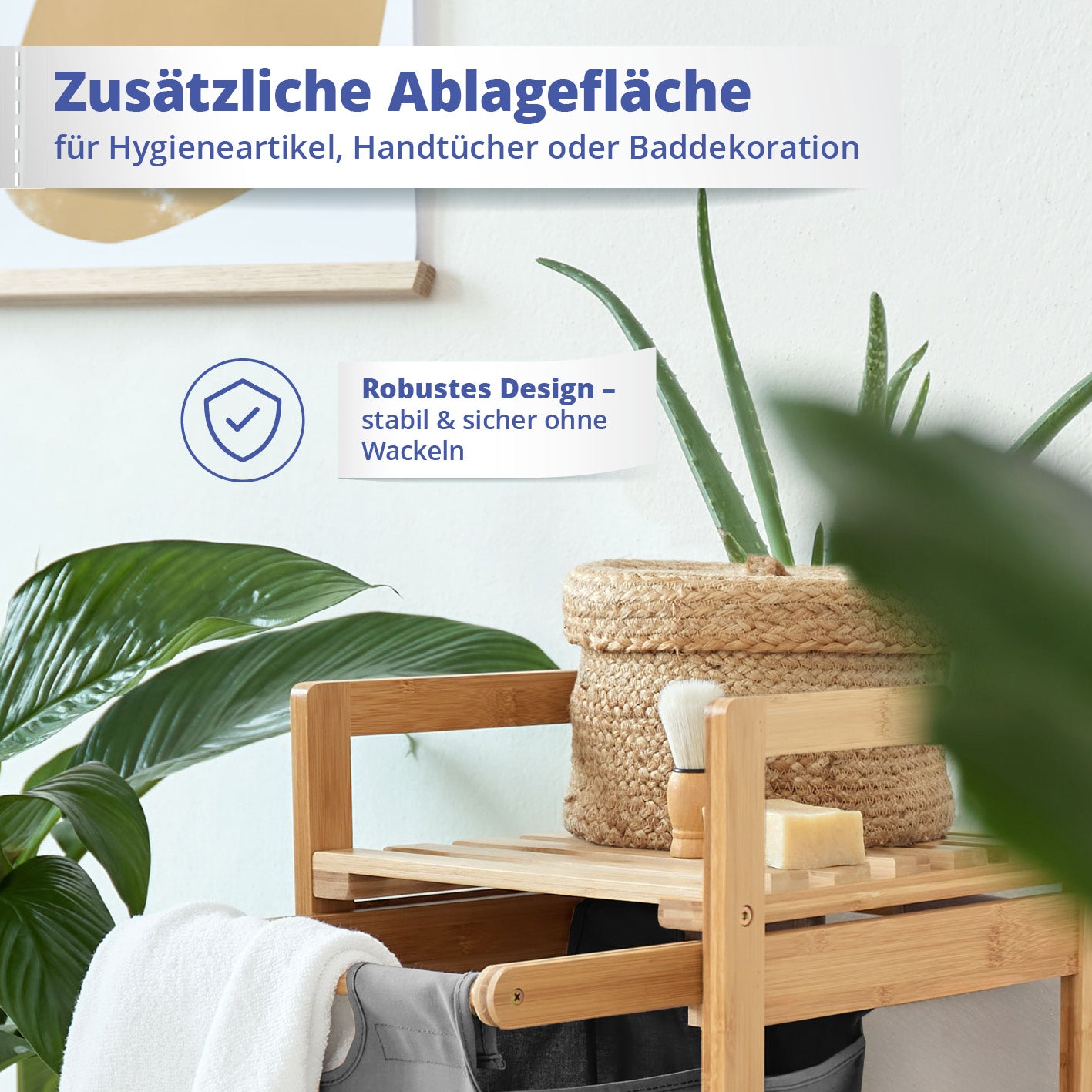 Bambus Wäschekorb mit ausziehbarem Wäschesack – 33 x 33 x 73 cm, beige, mit robuster Ablage für Hygieneartikel und Handtücher.