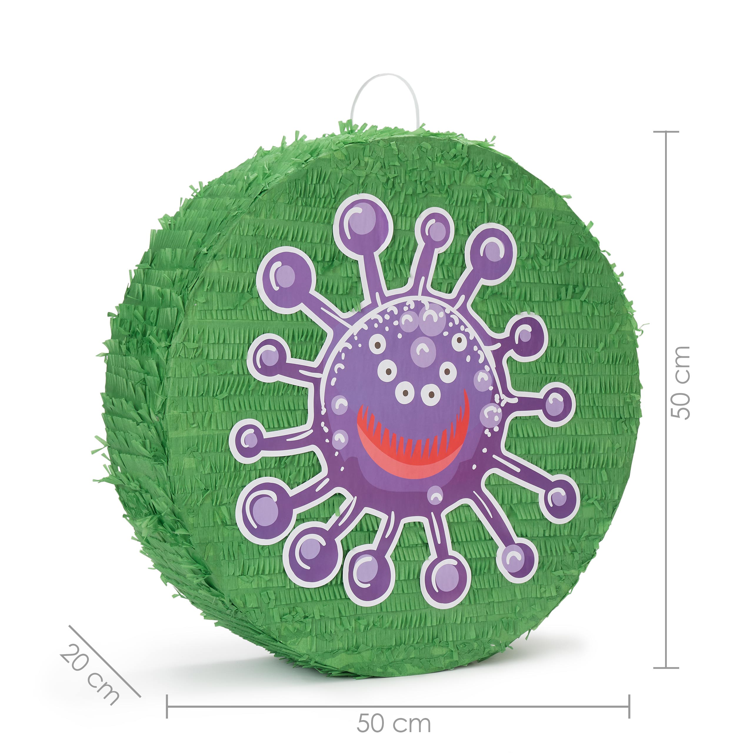 Pinata Set zum Befüllen inkl. Schläger & Augenbinde "Beat The Virus" mit grünem Virus-Design und 50 cm Durchmesser.