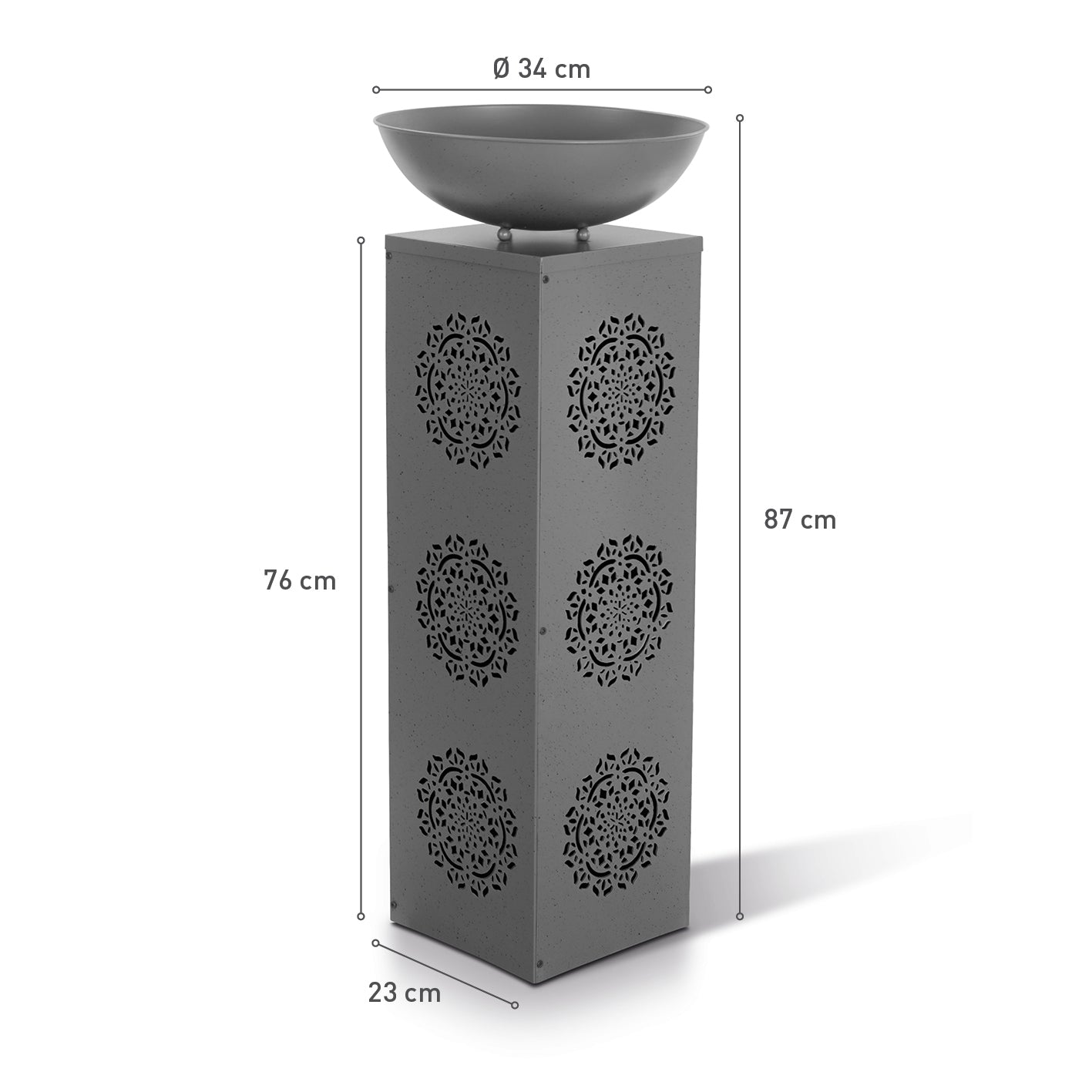 LED-Dekosäule Beton-Optik "Mandala" - 87 cm mit Pflanzschale, LED-Beleuchtung und Timerfunktion, ideal für Garten und Wohnzimmer.