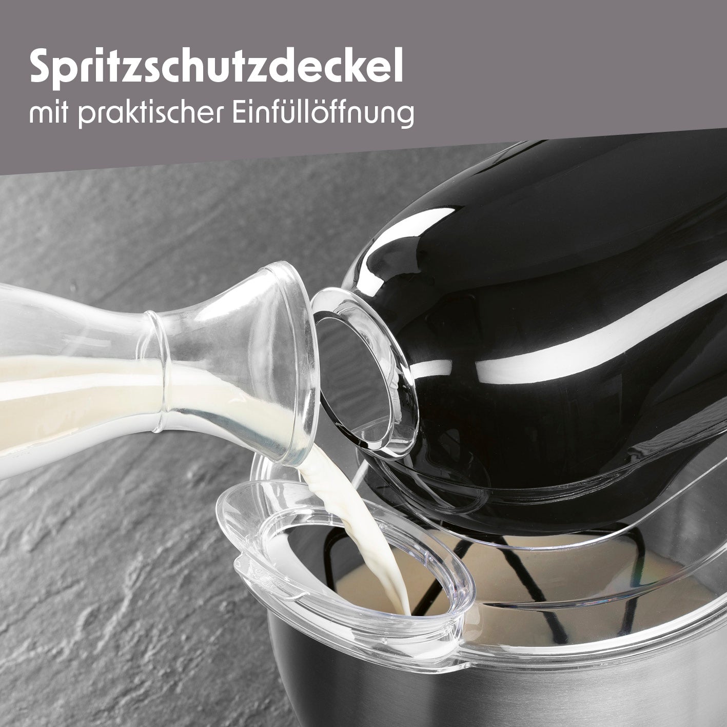 Küchenmaschine mit Spritzschutzdeckel und praktischer Einfüllöffnung, Edelstahlrührschüssel, ideal für einfaches Befüllen und Rühren.