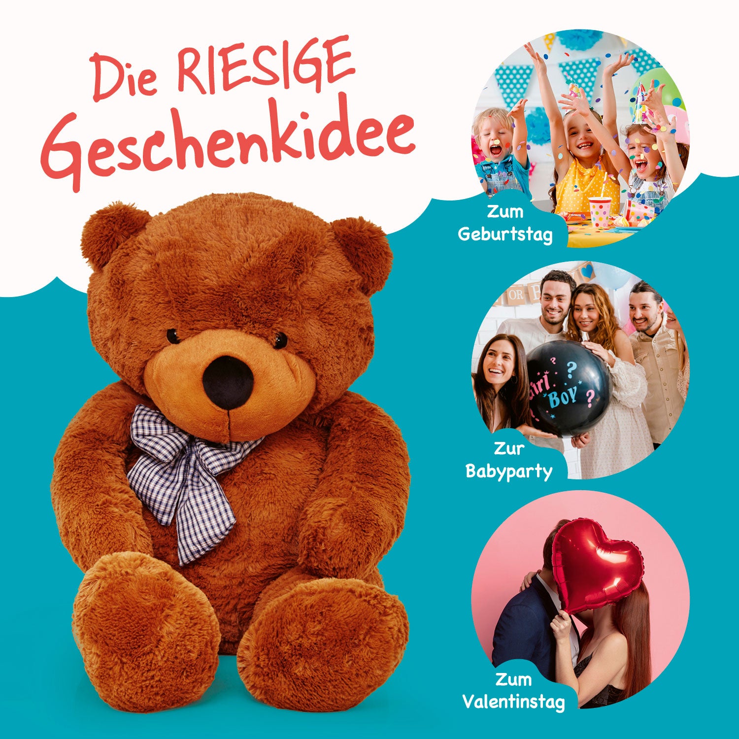 XXL-Teddy mit Knopfaugen 120 cm braun als kuscheliges Geschenk zum Geburtstag, Babyparty und Valentinstag.