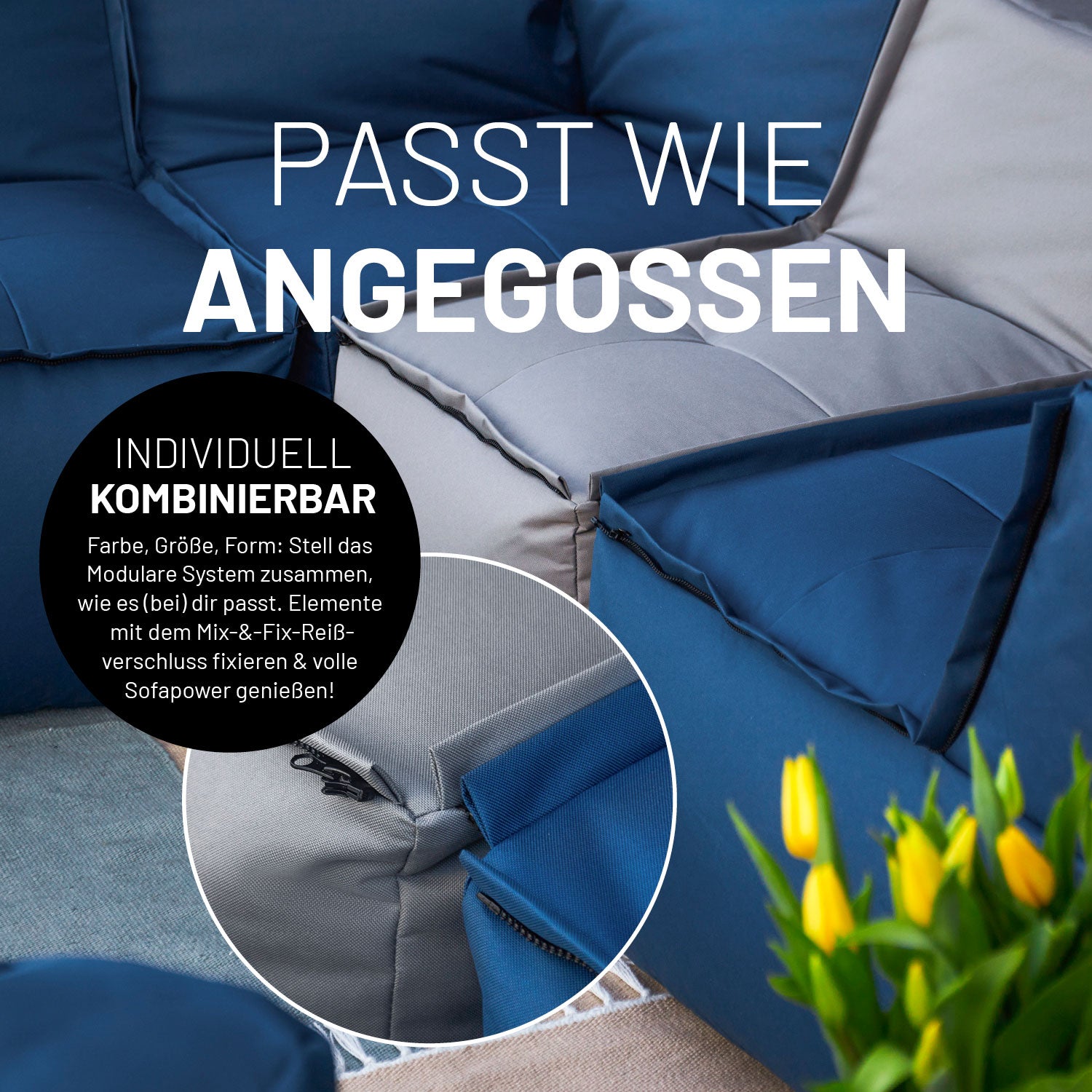 Sitzsack-Sofa Mittelstück (200 L) - Modulares System - indoor & outdoor - Senfgelb für flexible, verbundene Sitzlösungen mit Reißverschluss.
